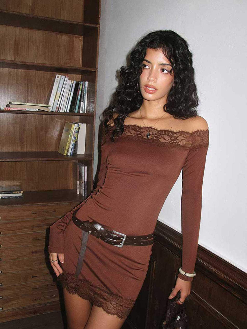 Asymmetrical Shoulder Brown Lace Trim Mini Dress