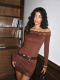 Asymmetrical Shoulder Brown Lace Trim Mini Dress