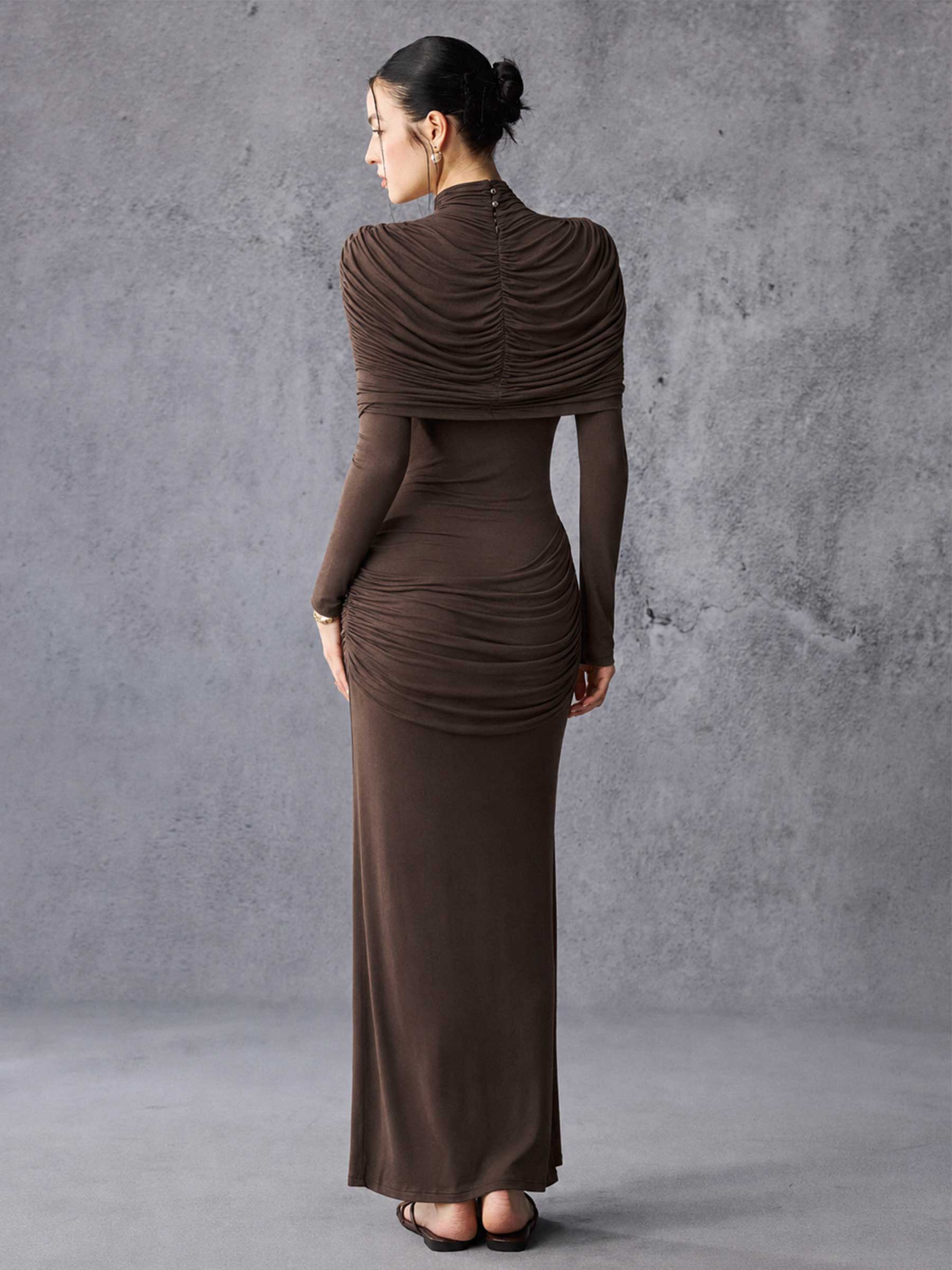 Long Sleeve Asymmetrical Pleated Maxi Dress