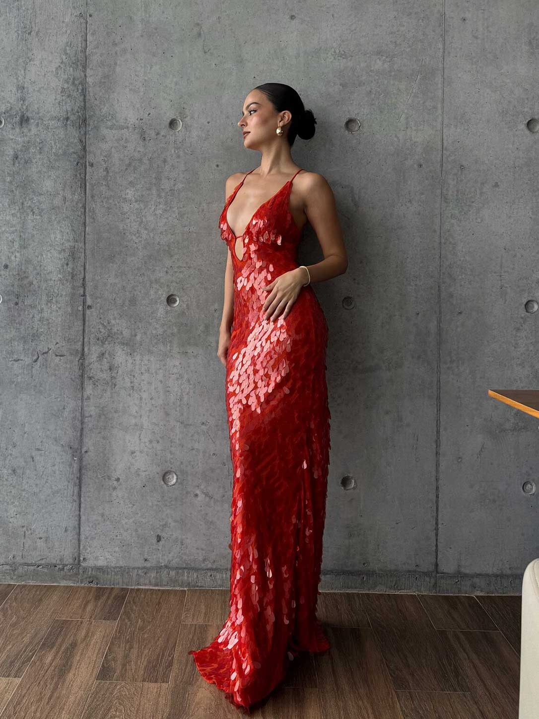 Sequin Deep V Cutout Maxi Dress