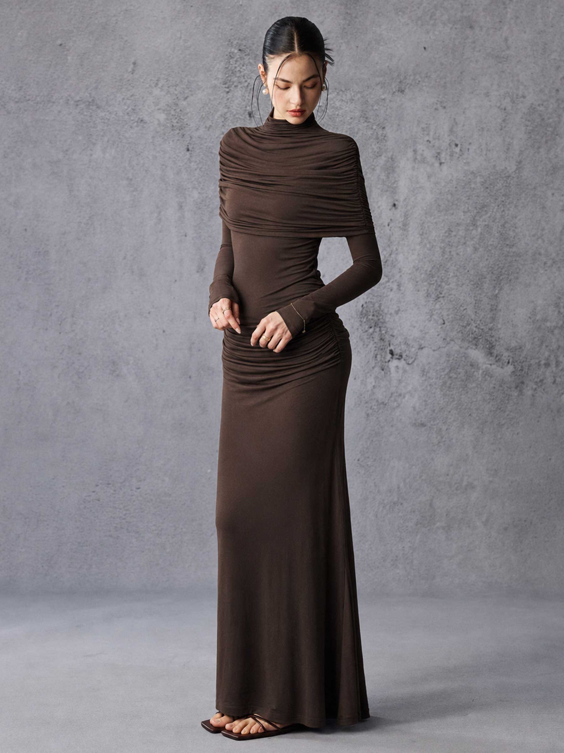Long Sleeve Asymmetrical Pleated Maxi Dress