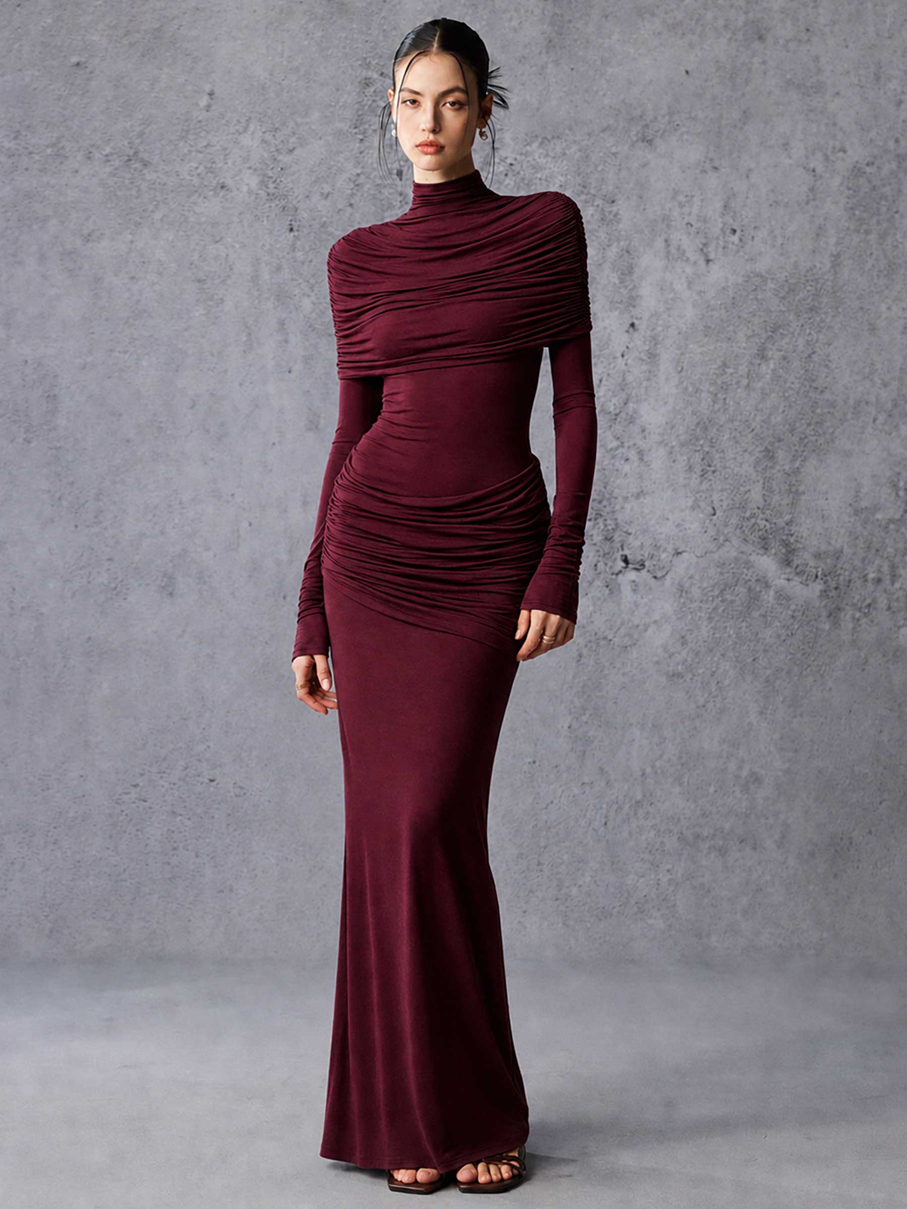 Long Sleeve Asymmetrical Pleated Maxi Dress