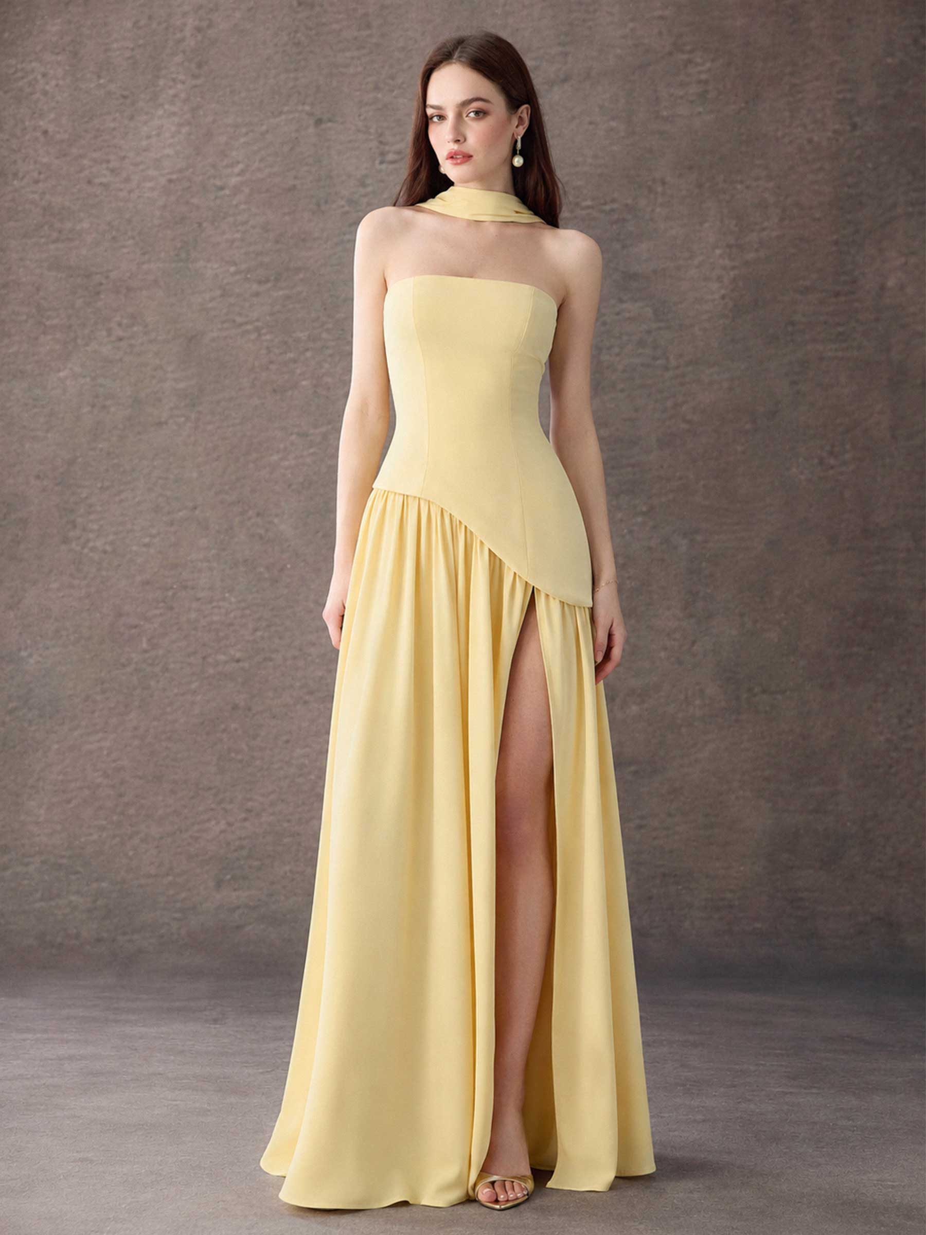Strapless Asymmetrical Pleated Maxi Dress
