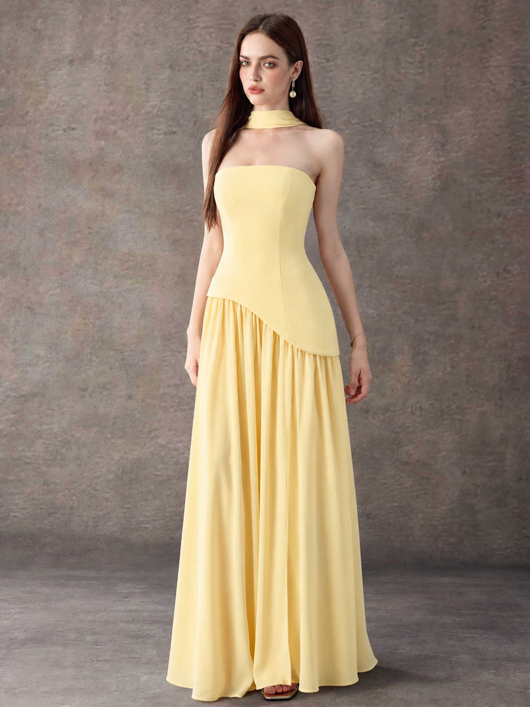 Strapless Asymmetrical Pleated Maxi Dress