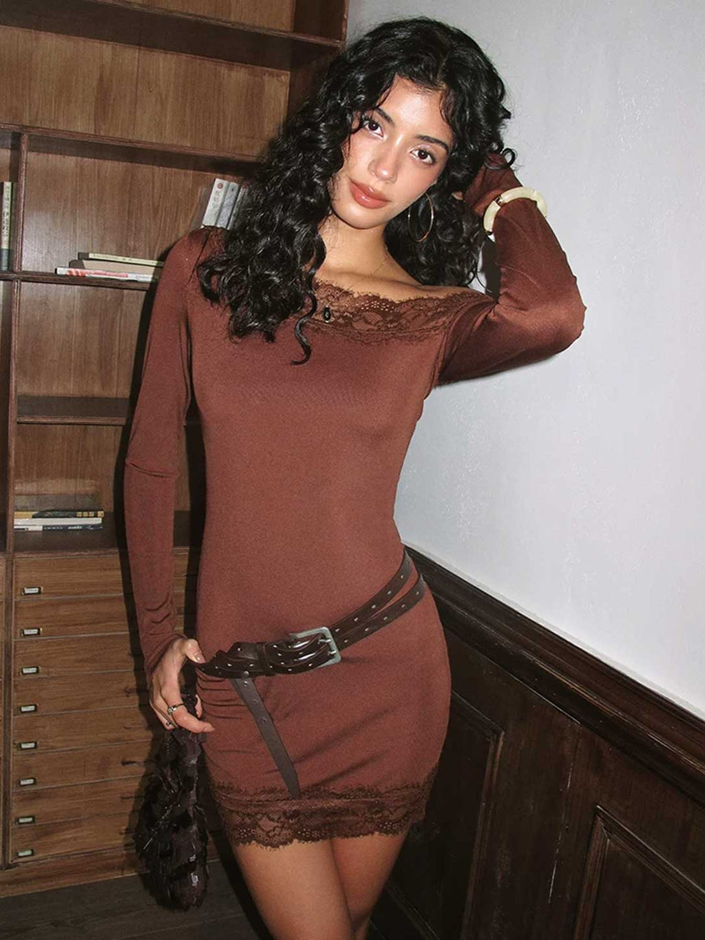 Asymmetrical Shoulder Brown Lace Trim Mini Dress