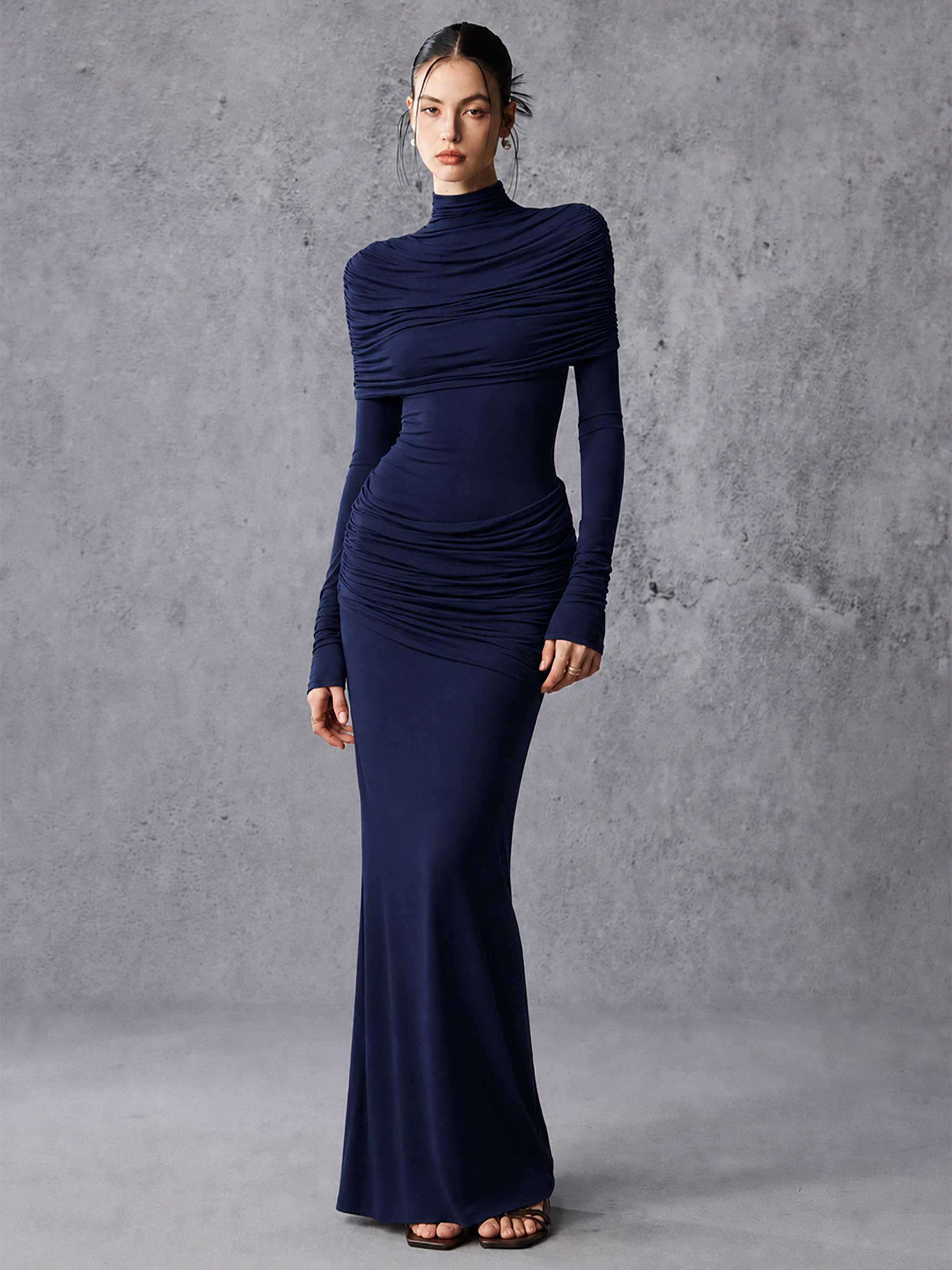 Long Sleeve Asymmetrical Pleated Maxi Dress