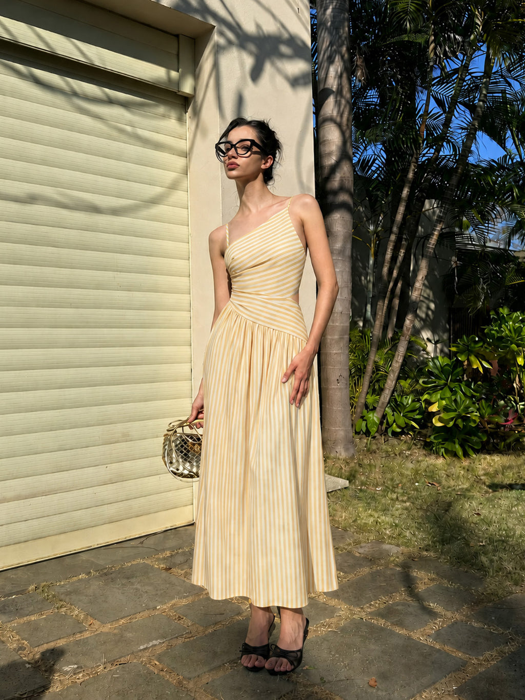 Striped Cut-Out Asymmetric Cami Maxi Dress