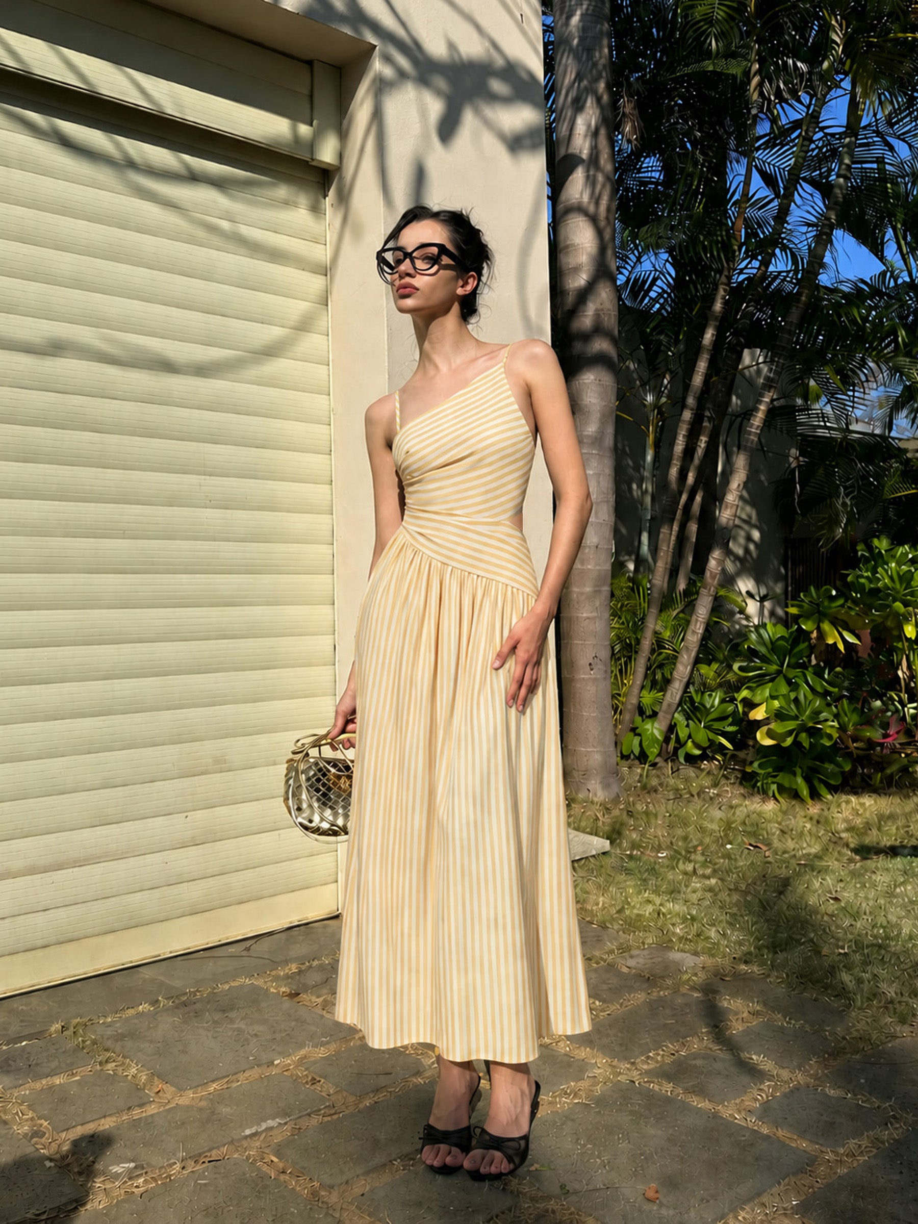 Striped Cut-Out Asymmetric Cami Maxi Dress