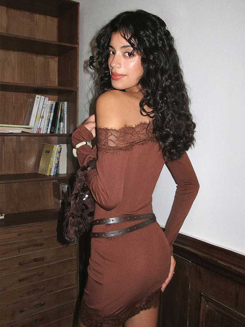 Asymmetrical Shoulder Brown Lace Trim Mini Dress