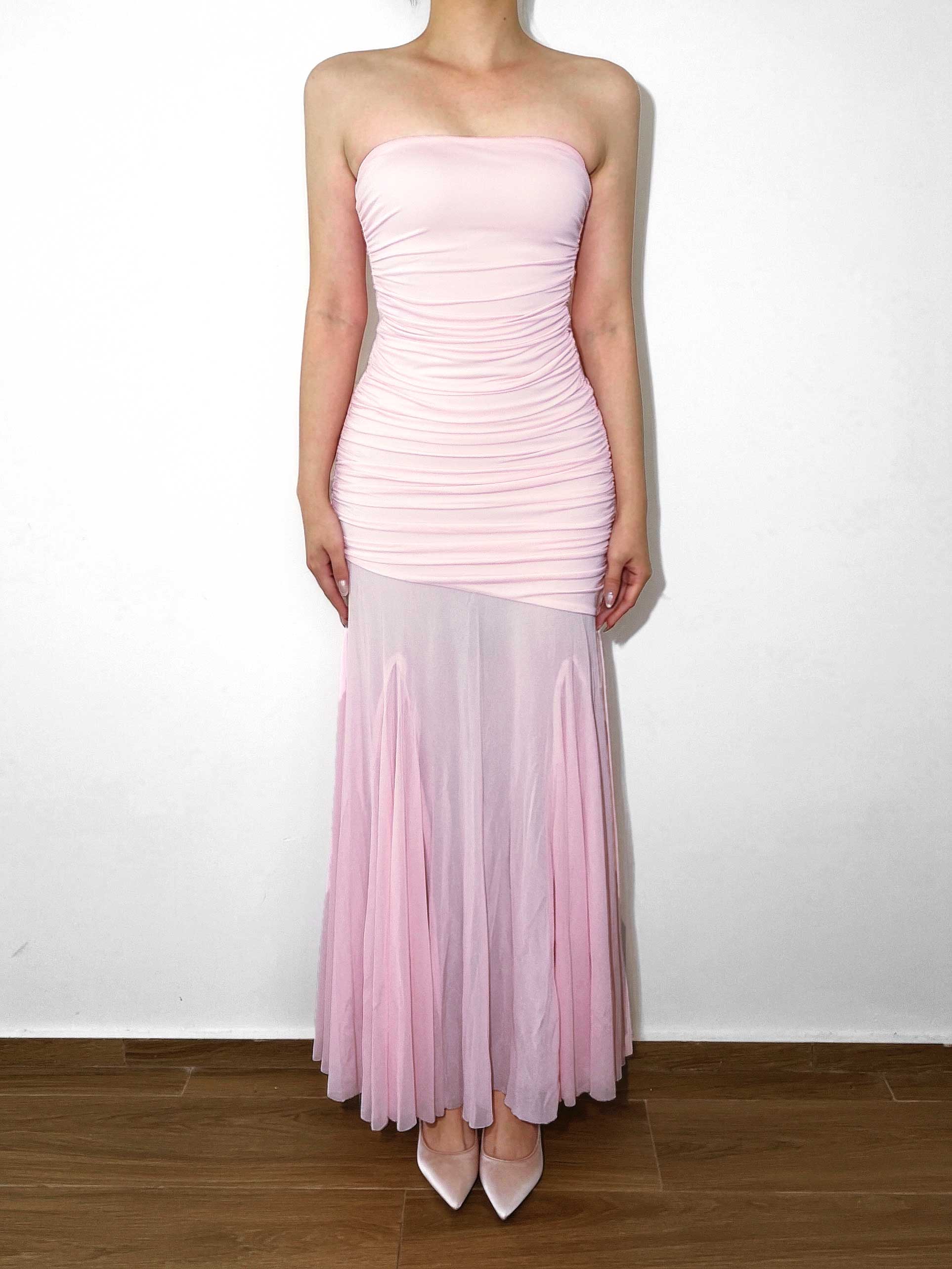 Asymmetrical Mesh Maxi Dress｜Blush Pink