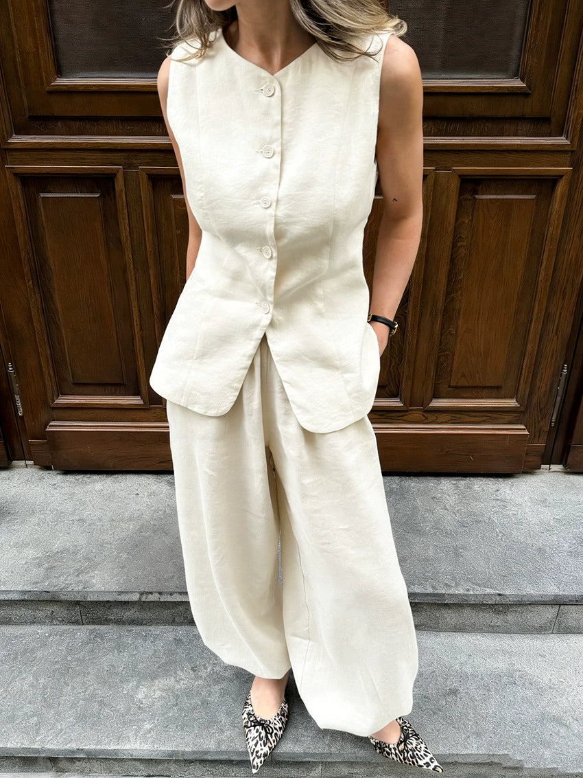 Linen-Blend Vest and Balloon Pants Set