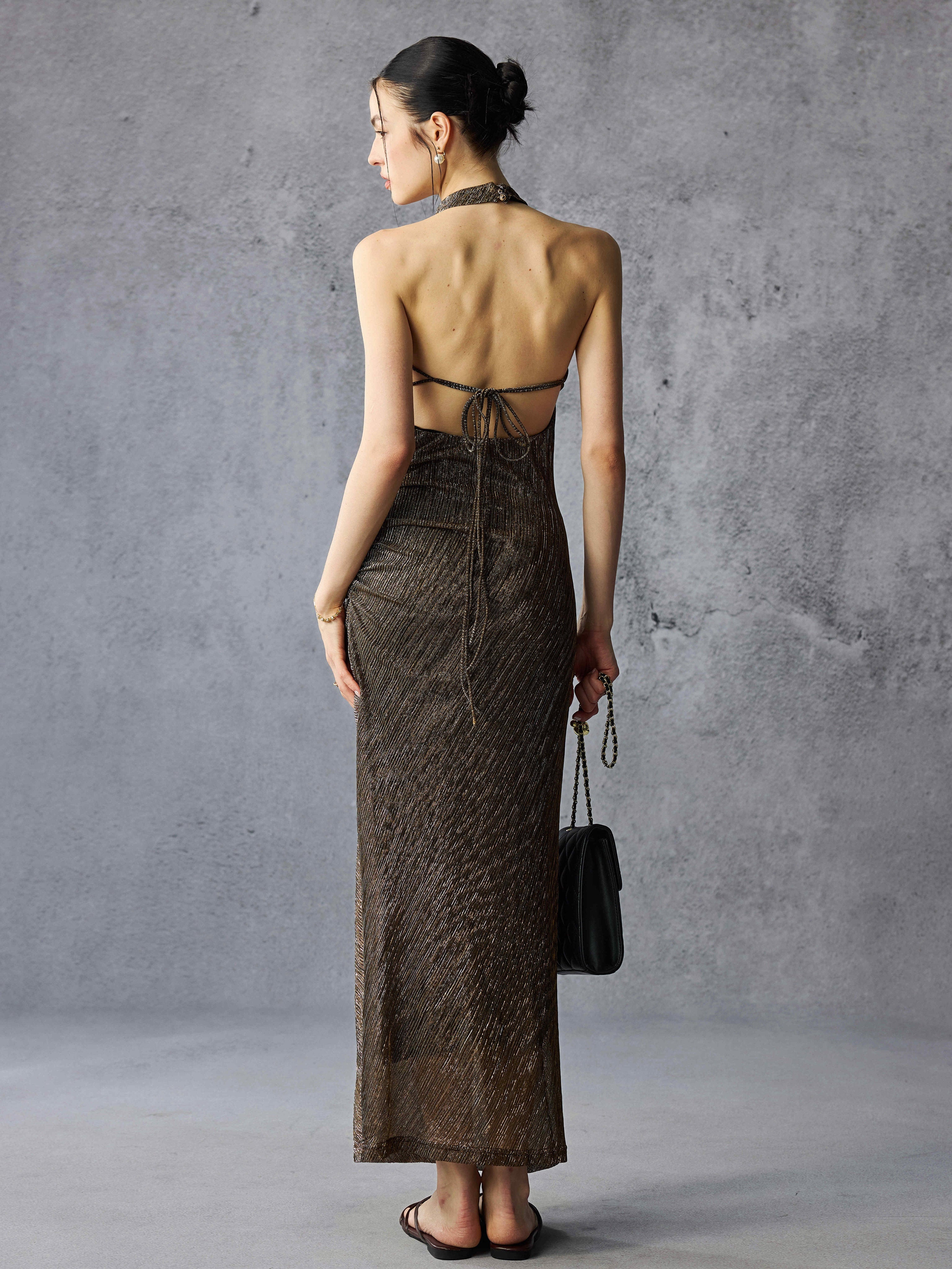 Metallic Glitter Halter Open Back Maxi Dress