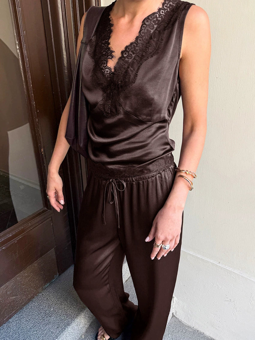 Lace Trim V-Neck Cami Top & Wide Leg Pants Set