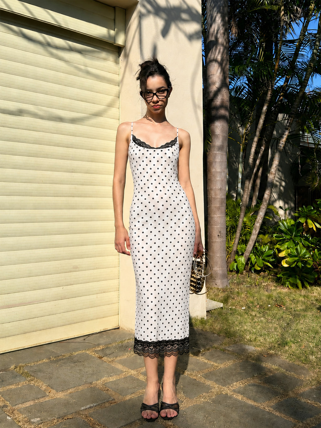 Polka Dot Bodycon Midi Dress with Lace