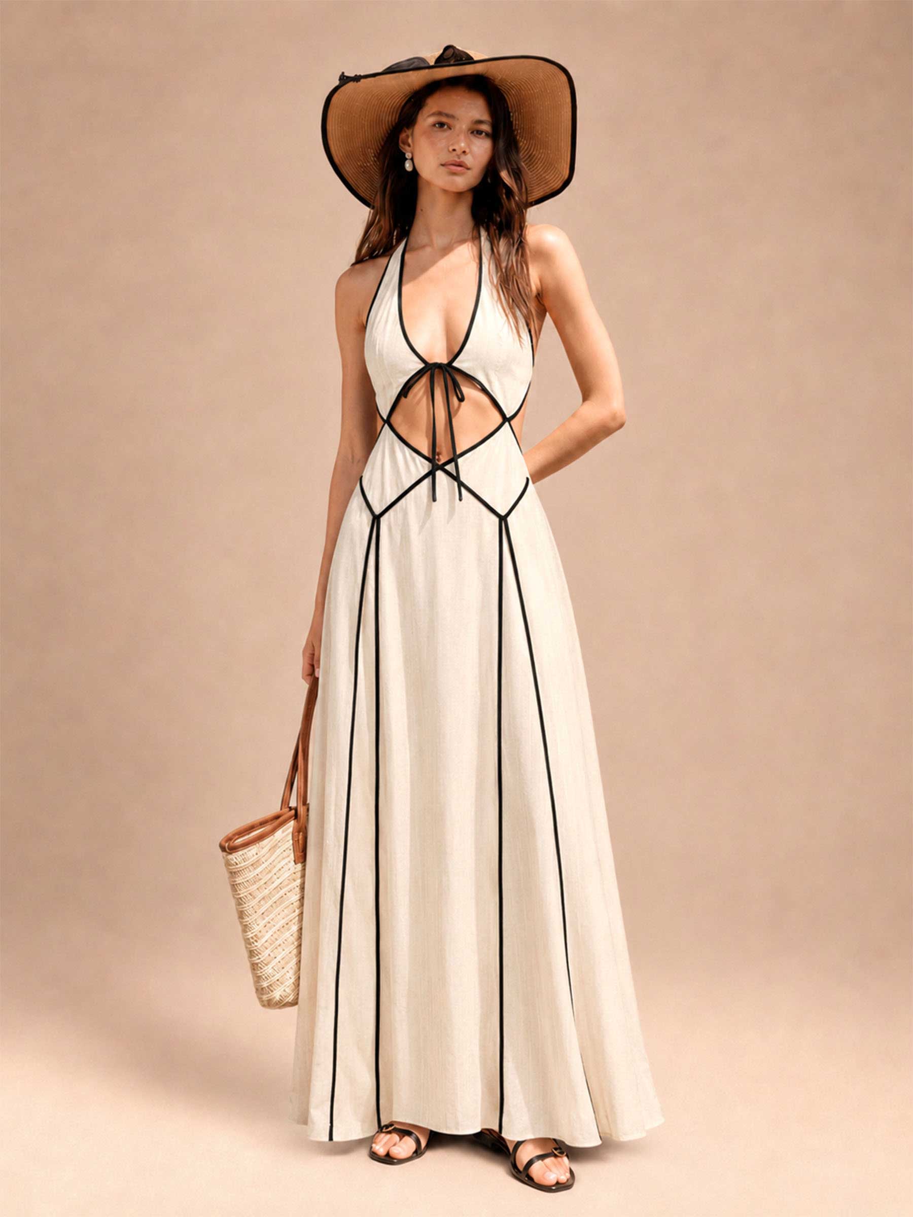 Linen Contrast Piping Halter Cutout Maxi Dress