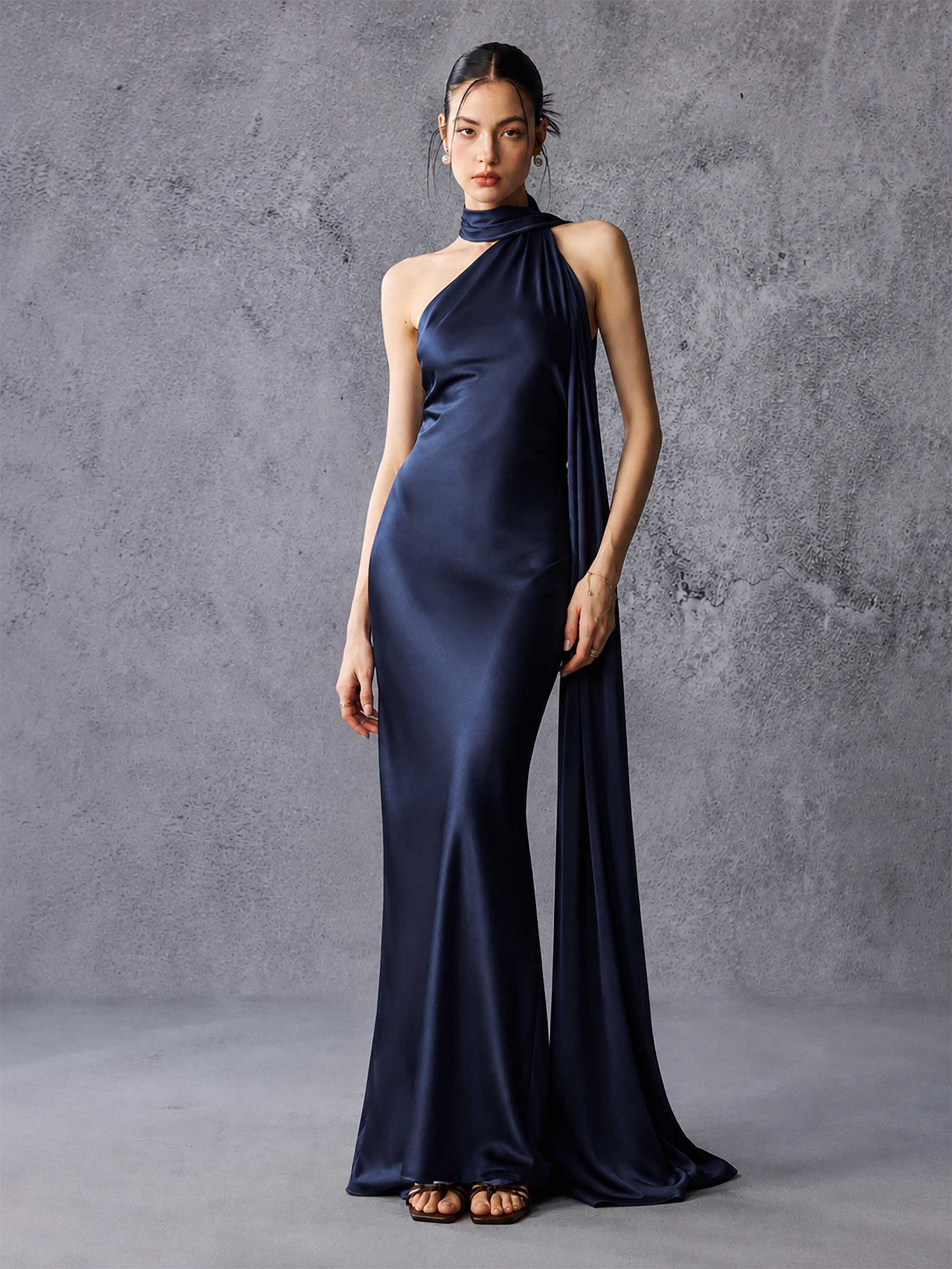 Asymmetric Neck Long Ribbon Satin Maxi Dress
