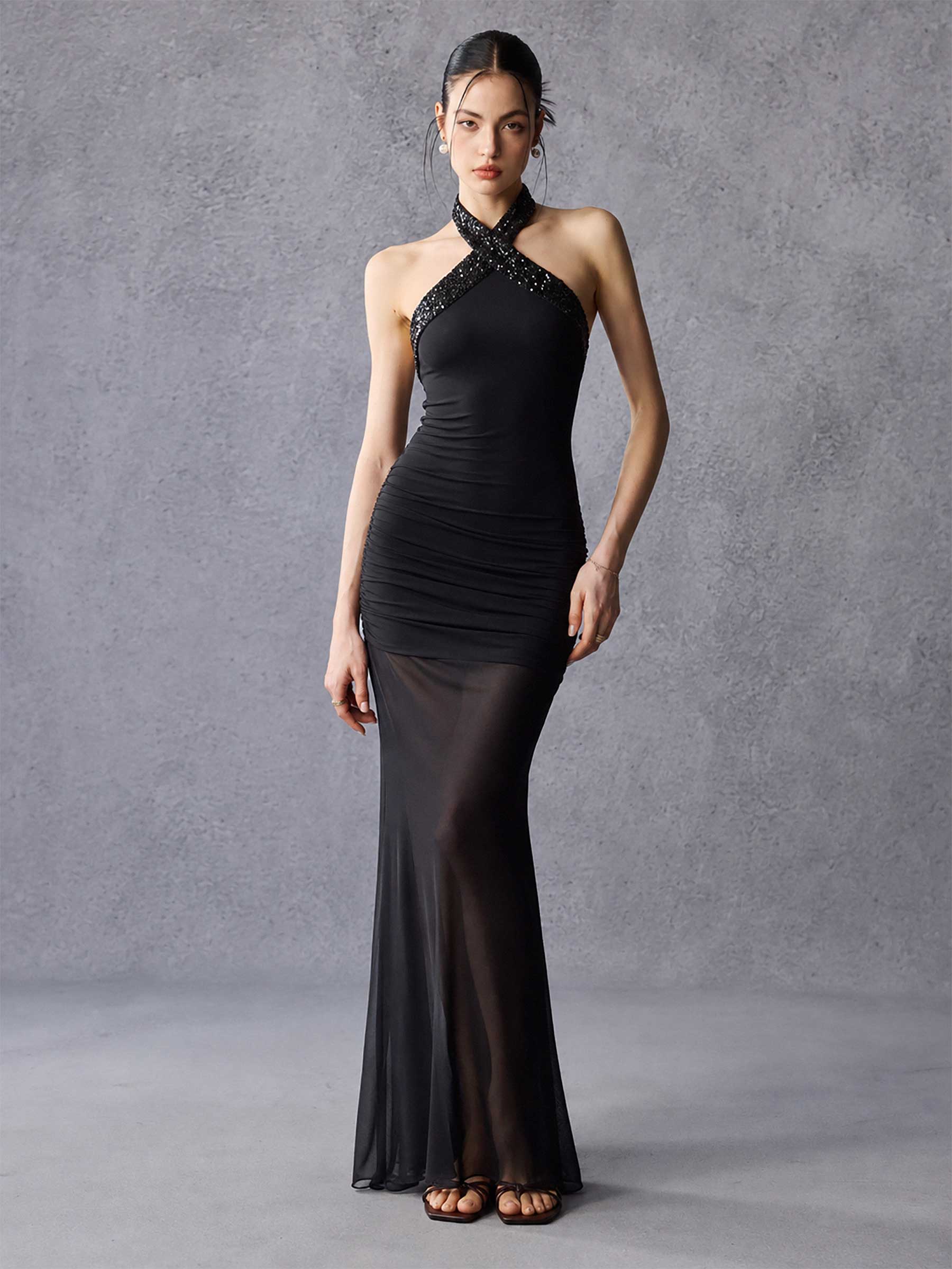 Sequin Halter Sheer Mesh Mermaid Maxi Dress