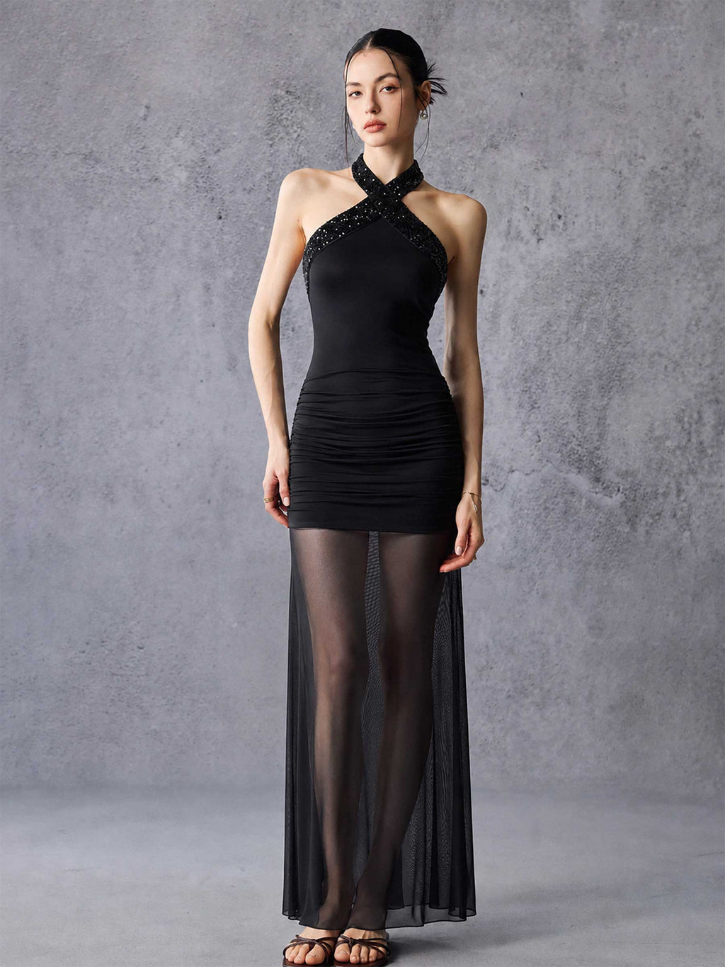 Sequin Halter Sheer Mesh Mermaid Maxi Dress