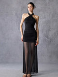 Sequin Halter Sheer Mesh Mermaid Maxi Dress