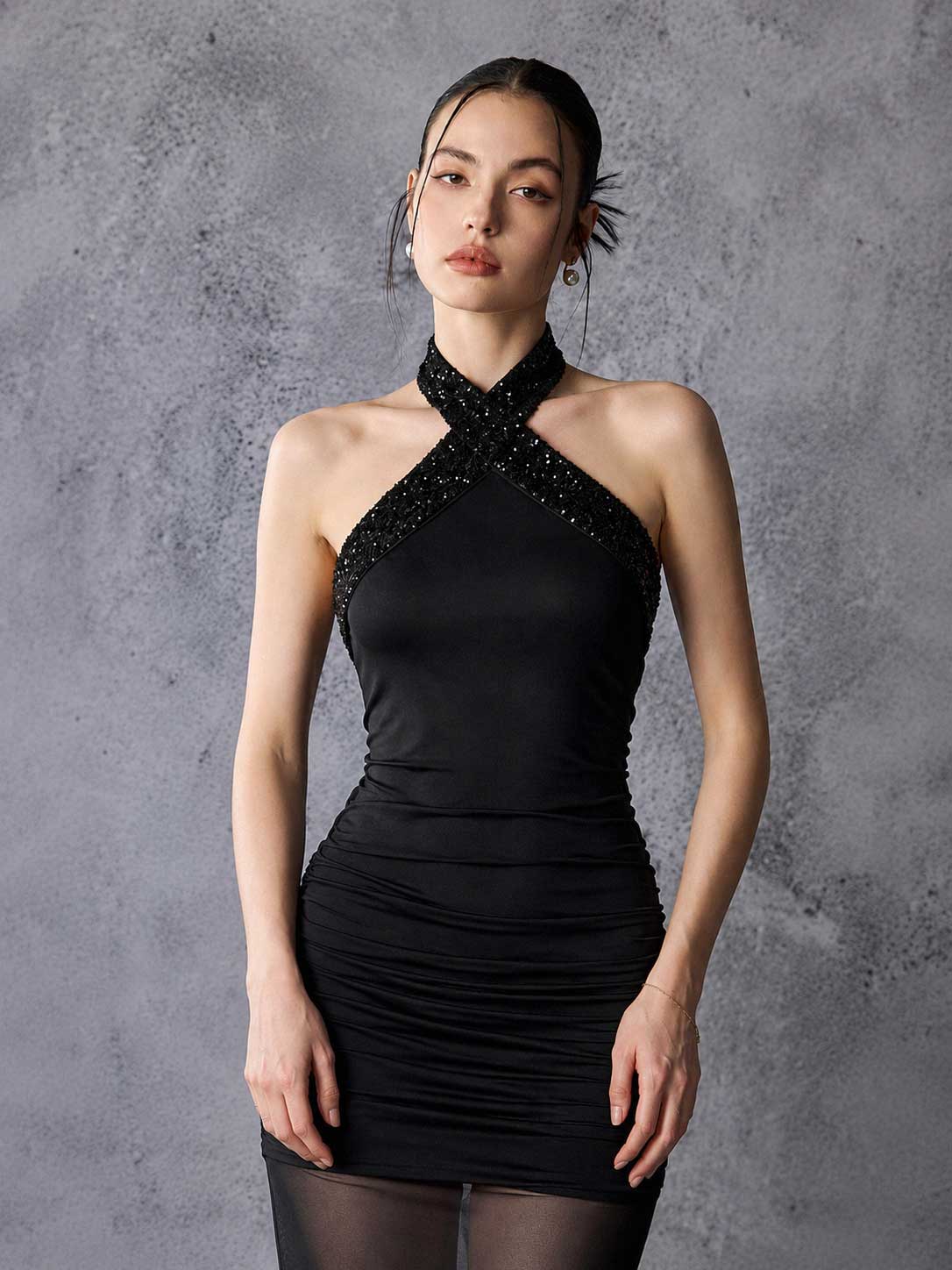 Sequin Halter Sheer Mesh Mermaid Maxi Dress