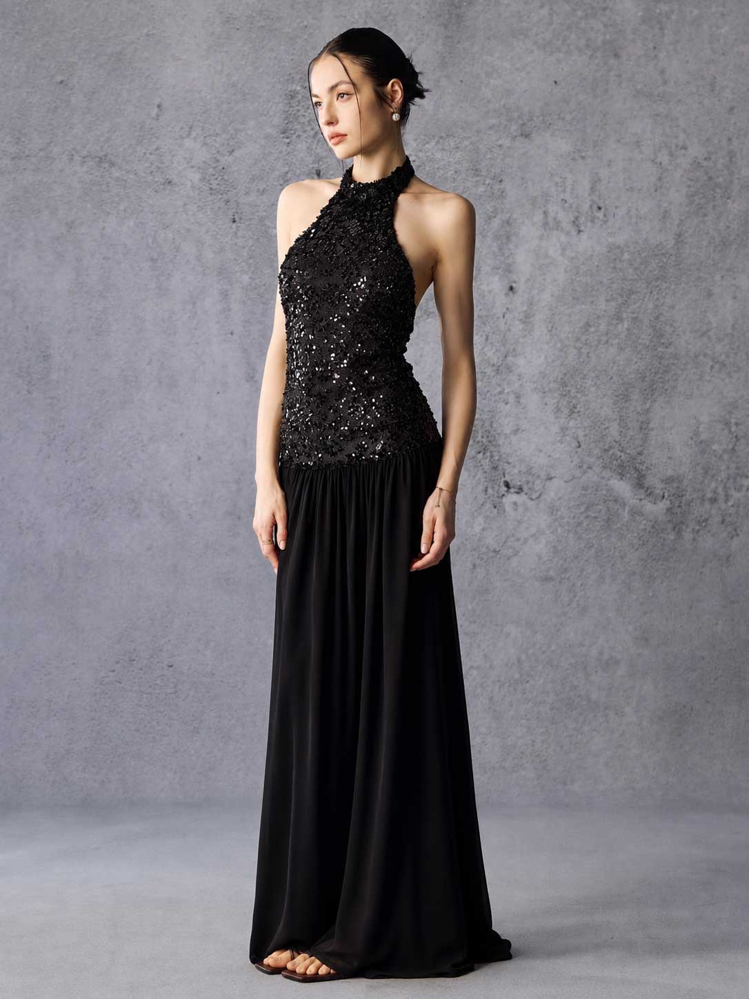 Sequin Open Back Halter Chiffon Maxi Dress