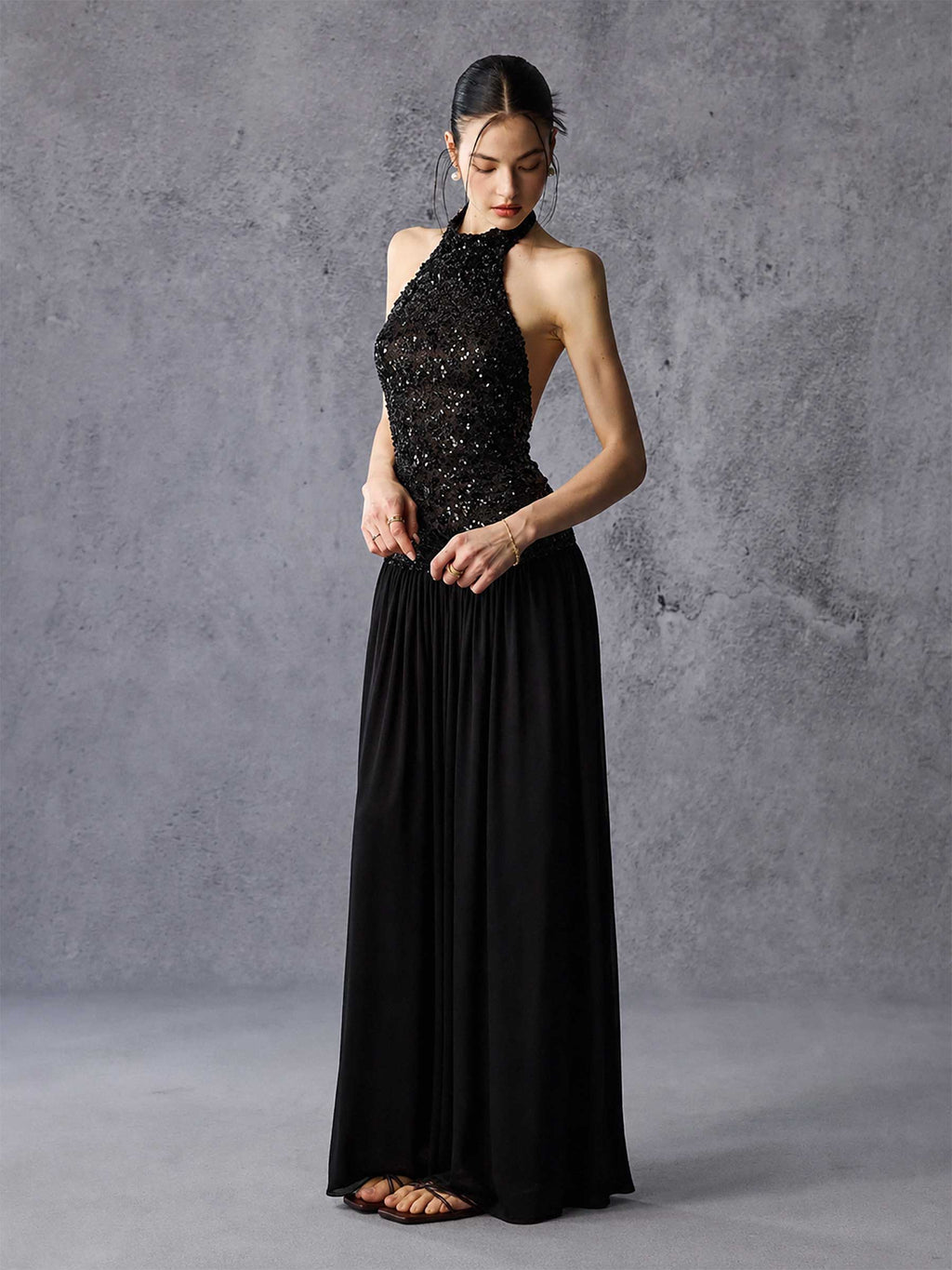 Sequin Open Back Halter Chiffon Maxi Dress