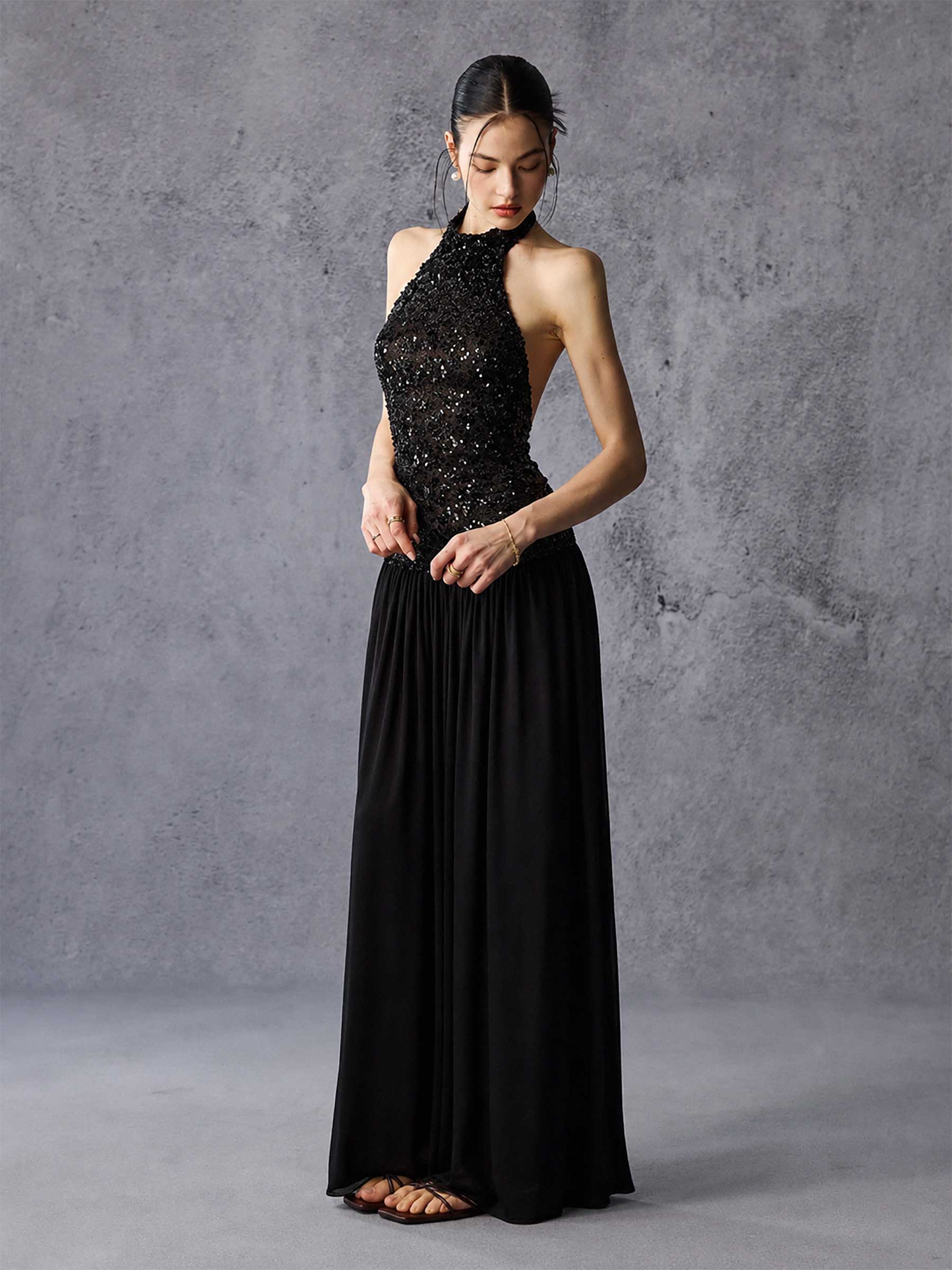 Sequin Open Back Halter Chiffon Maxi Dress