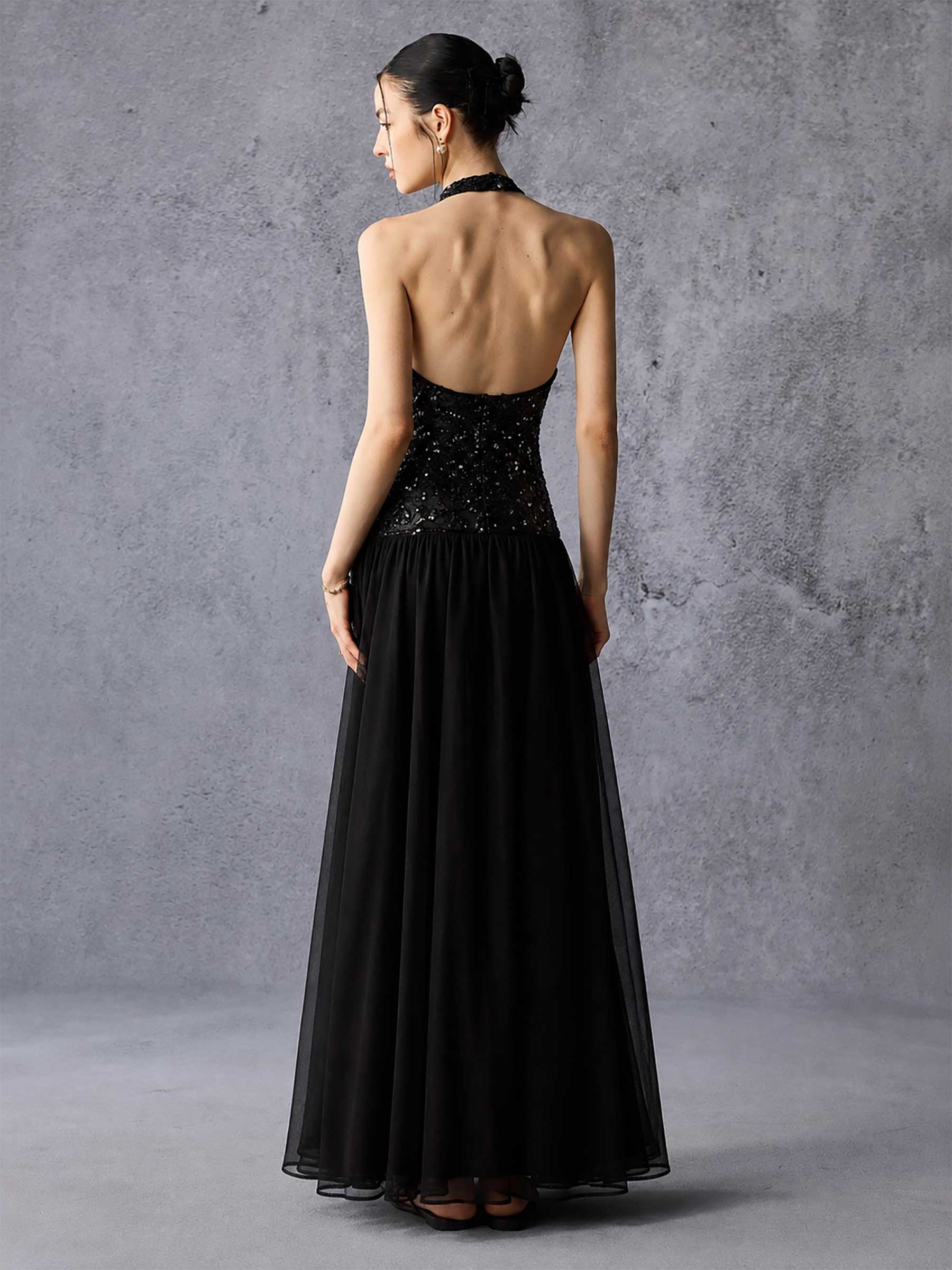 Sequin Open Back Halter Chiffon Maxi Dress