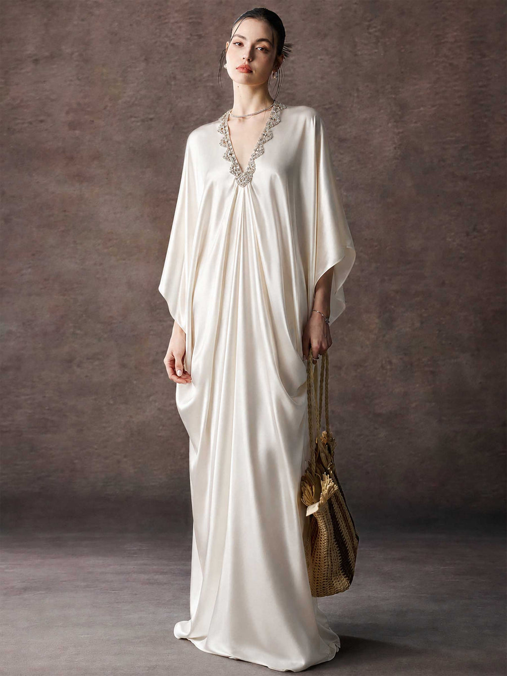 Satin Kaftan Maxi Dress With V Neck Trim