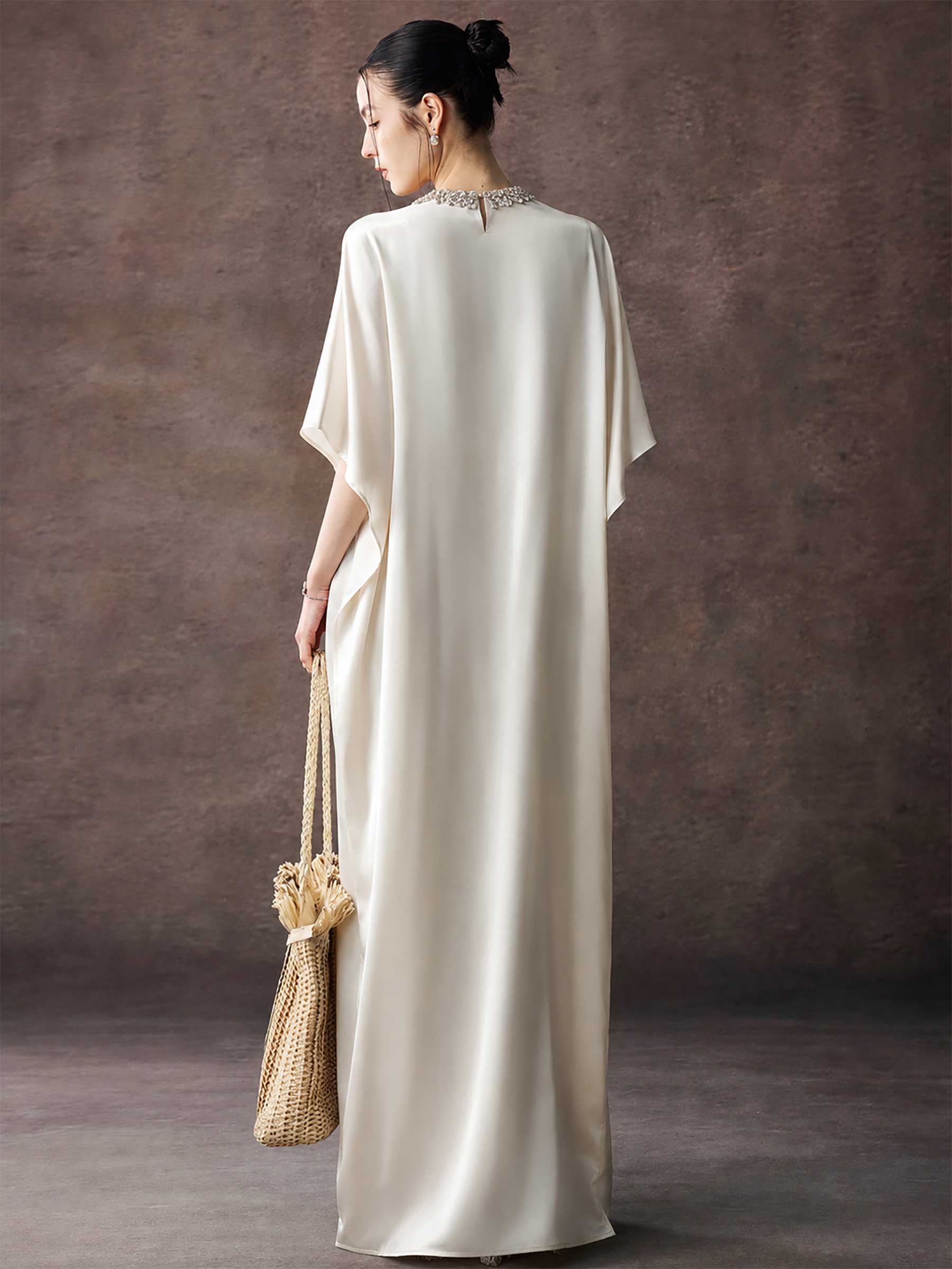 Satin Kaftan Maxi Dress With V Neck Trim
