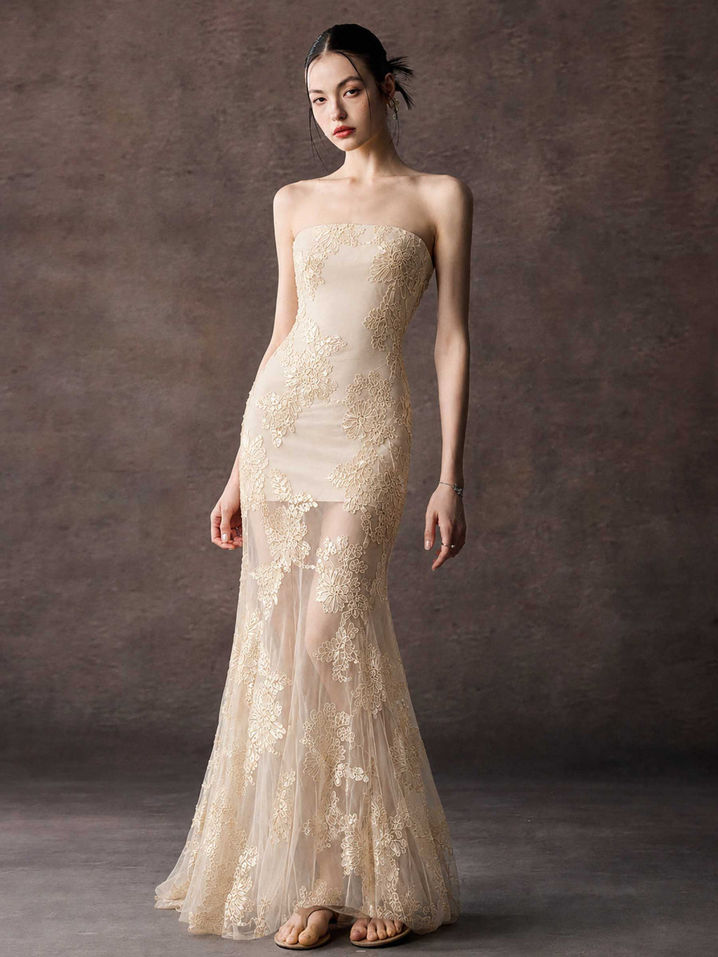 Strapless Floral Lace Mermaid Maxi Dress