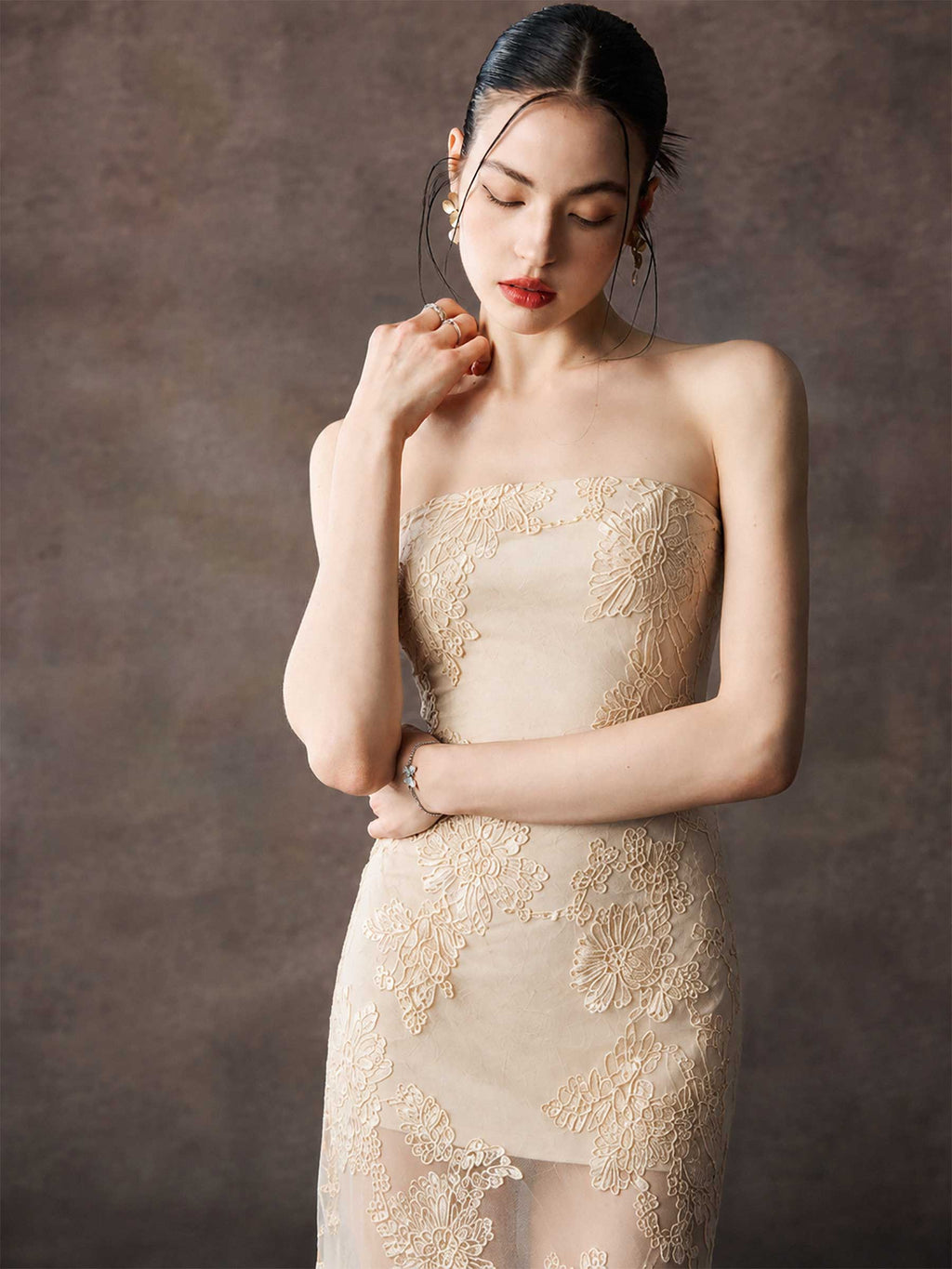 Strapless Floral Lace Mermaid Maxi Dress