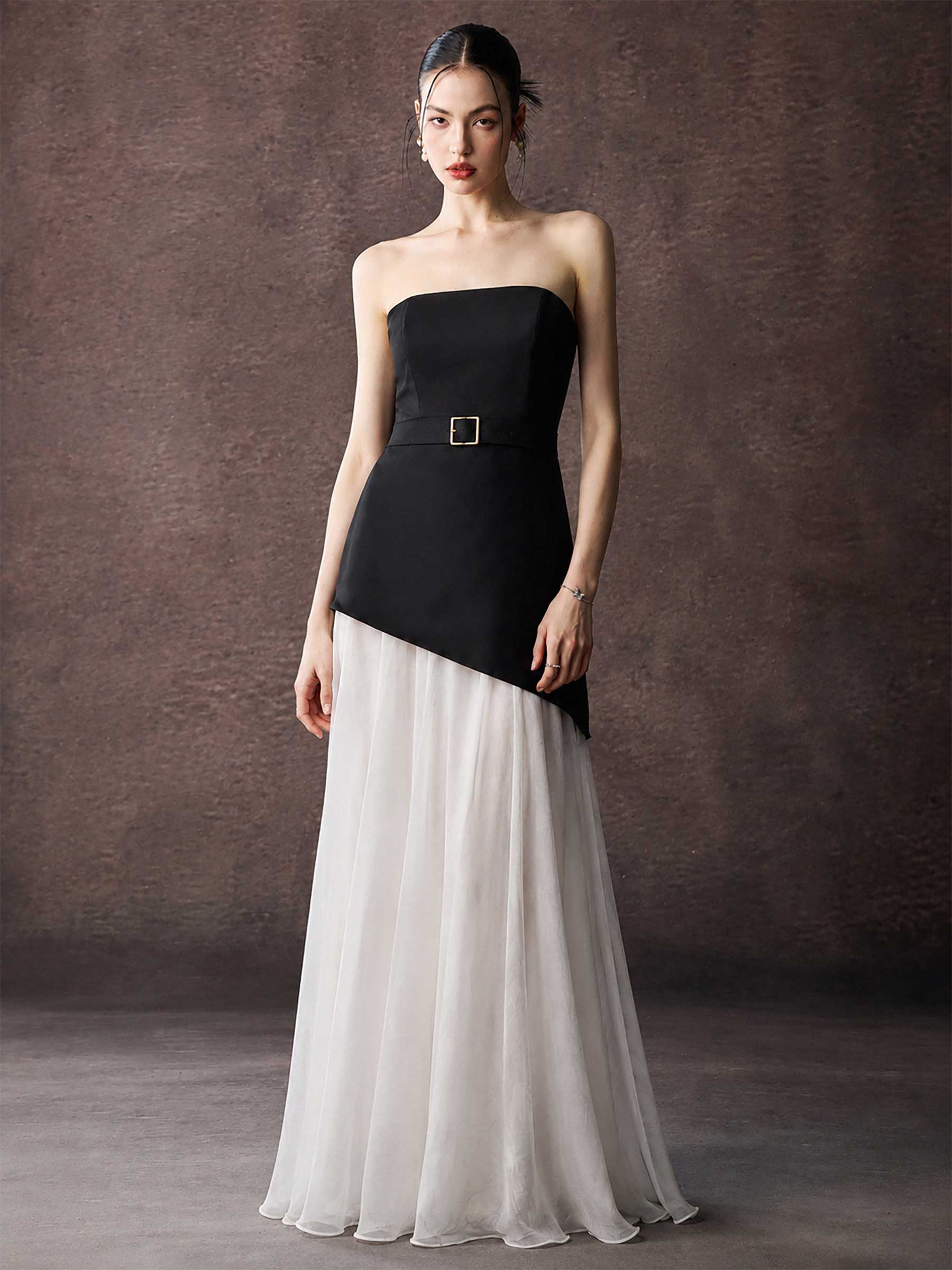 Strapless Satin Maxi Dress With Belted