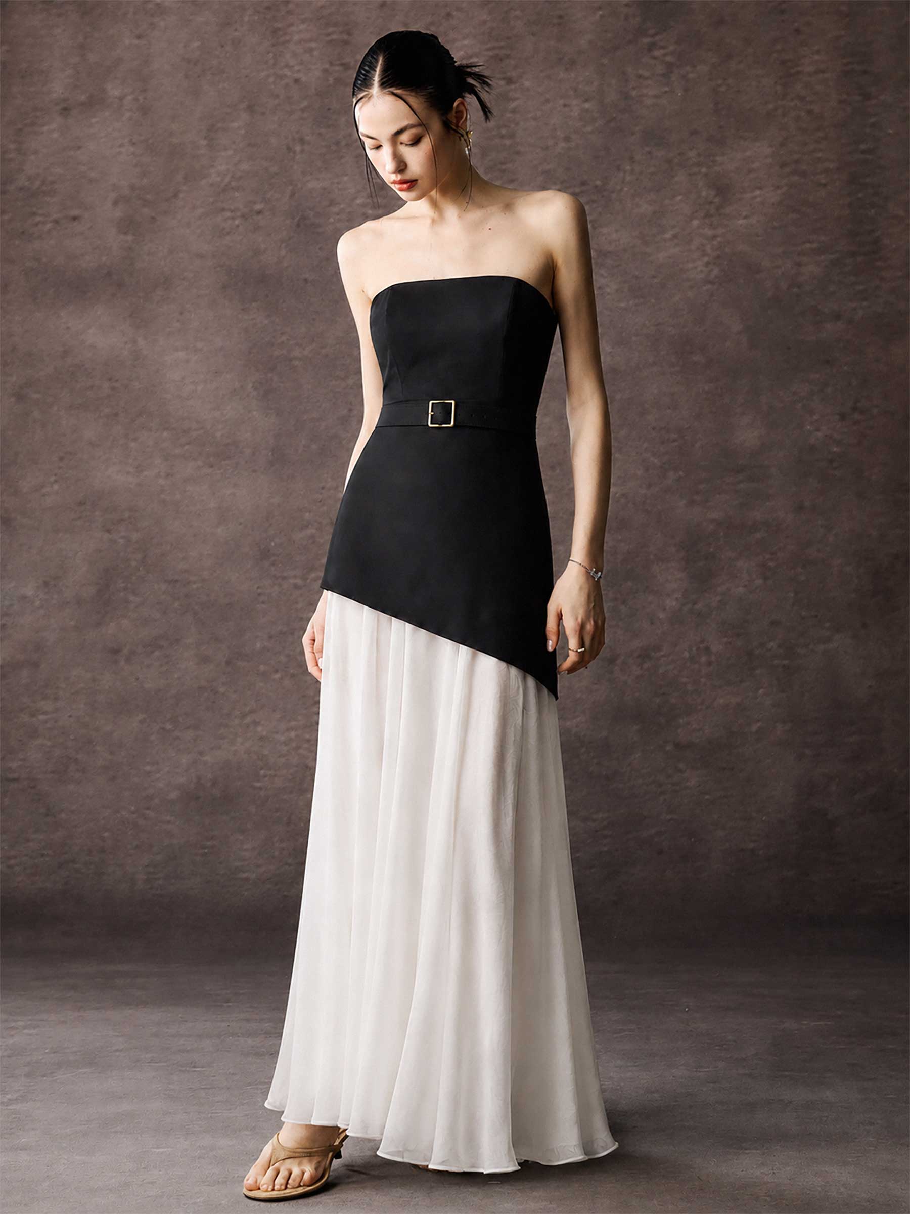 Strapless Satin Maxi Dress With Belted