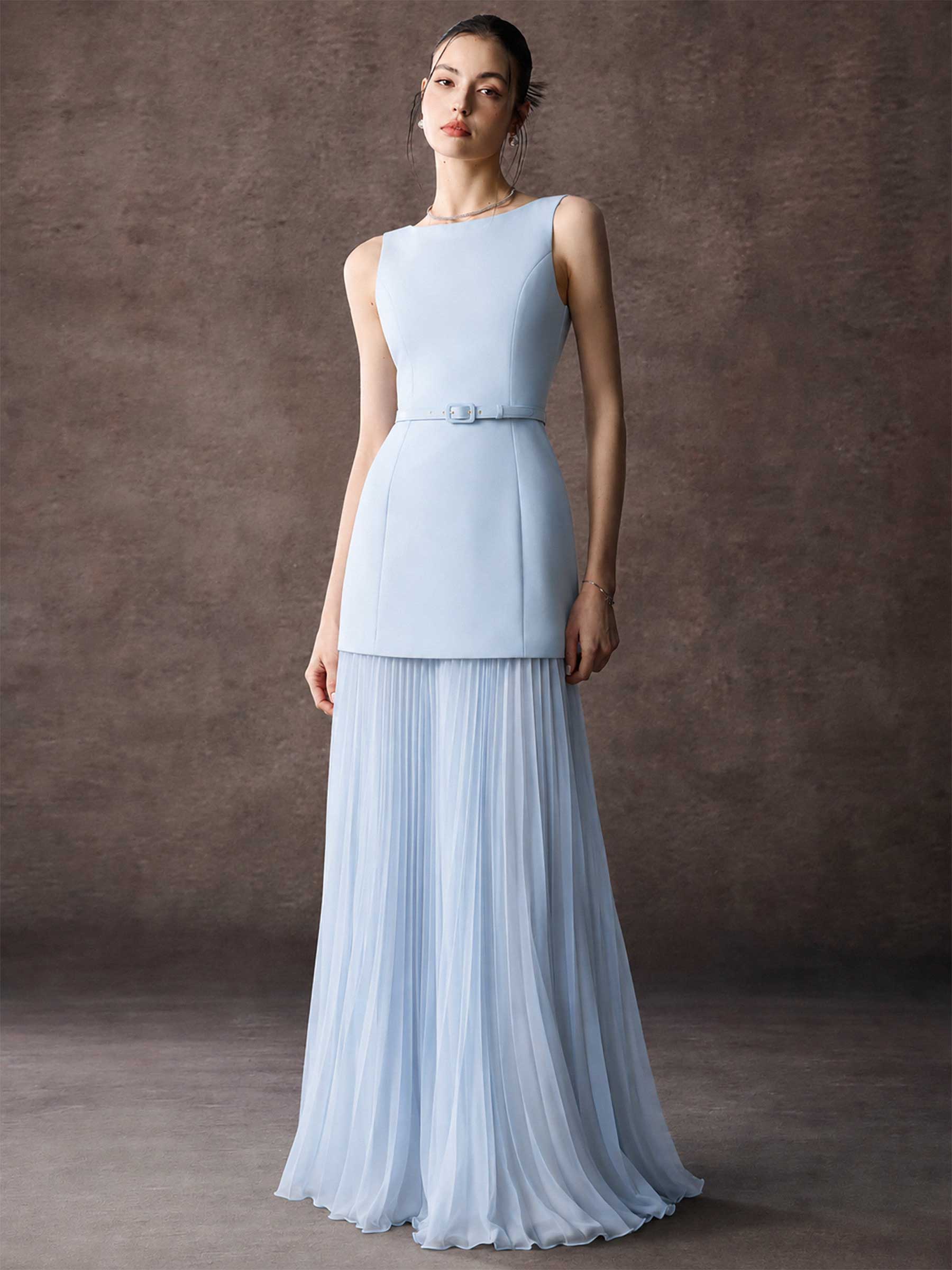 Pleated Chiffon Sleeveless Maxi Dress With Belted