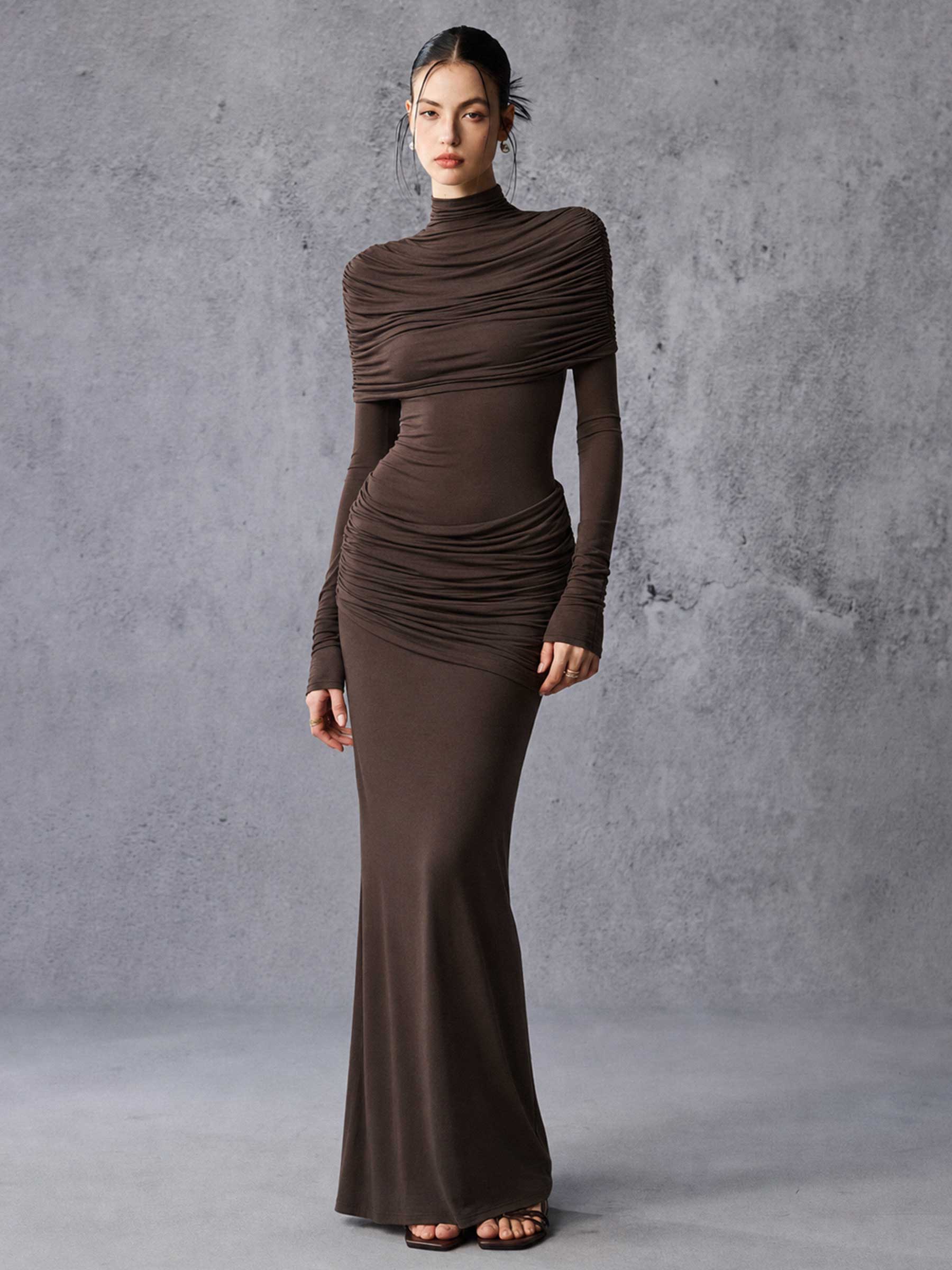 Long Sleeve Asymmetrical Pleated Maxi Dress