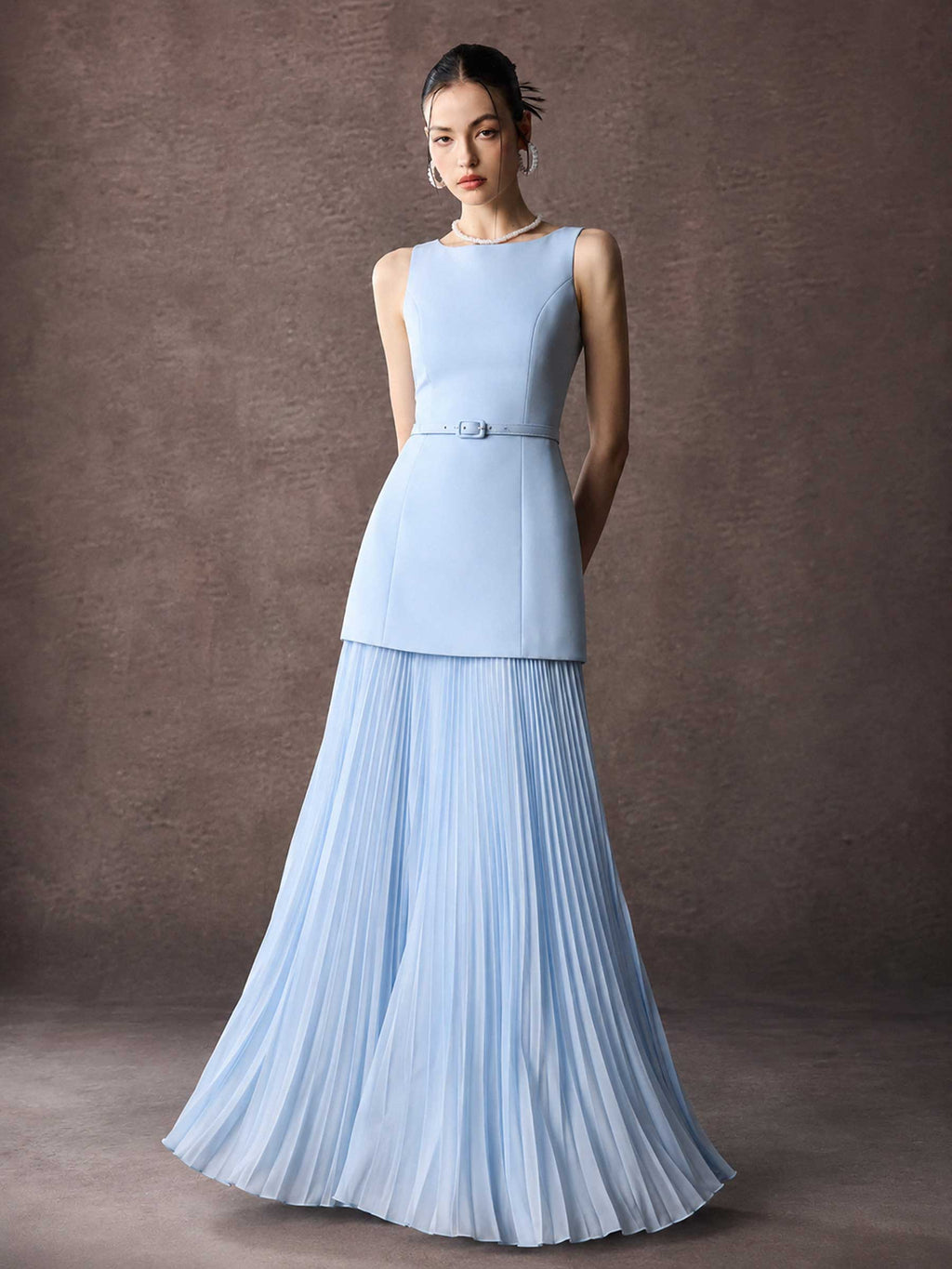 Pleated Chiffon Sleeveless Maxi Dress With Belted