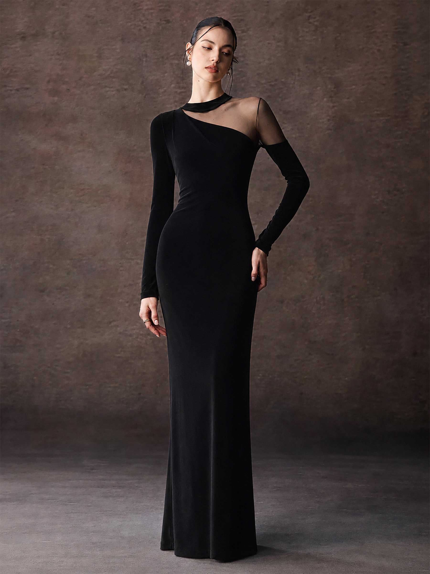 Velvet Maxi Dress With Asymmetrical Sheer Mesh Panel