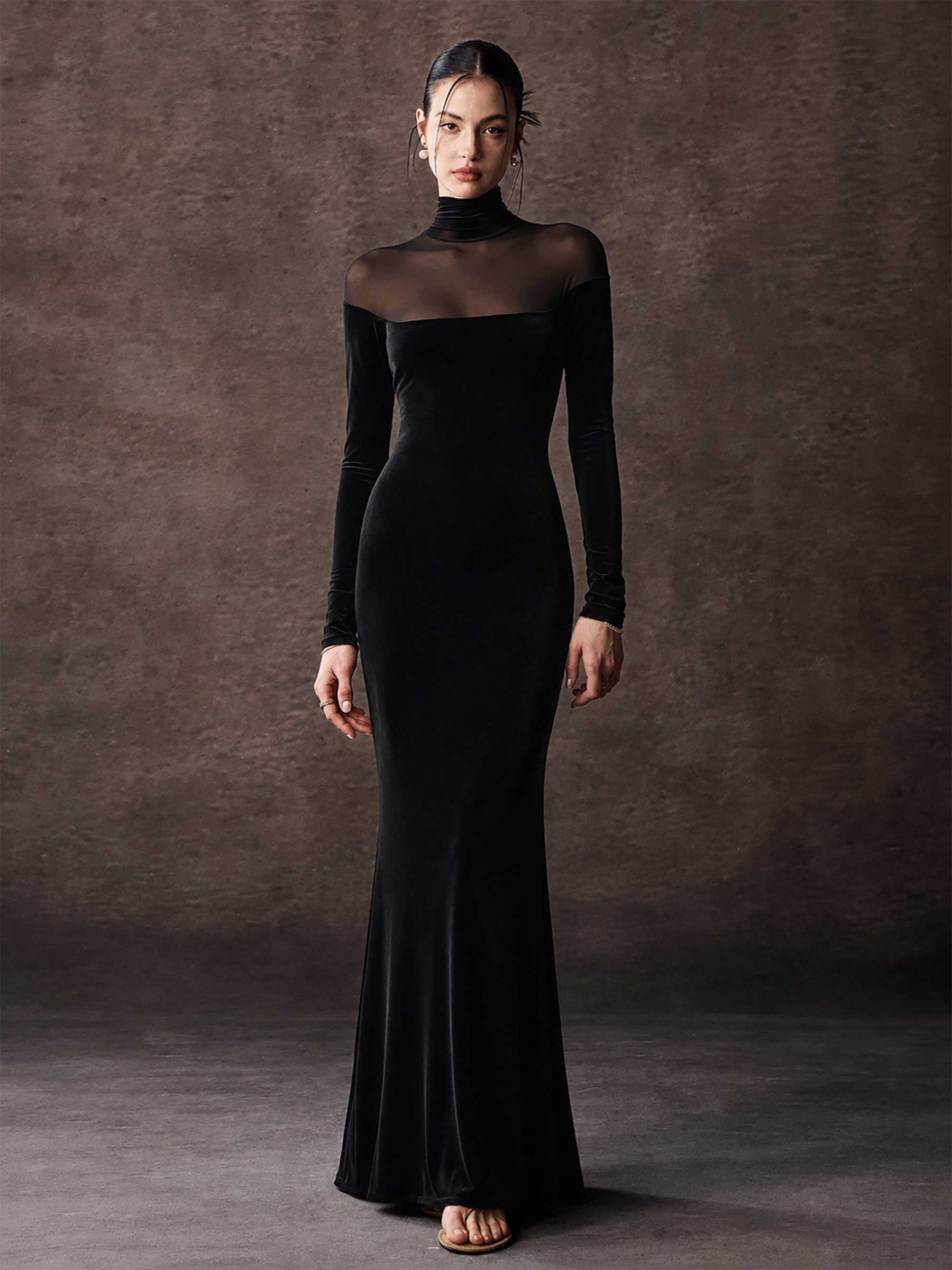 Velvet Mermaid Maxi Dress With Sheer Mesh Panel