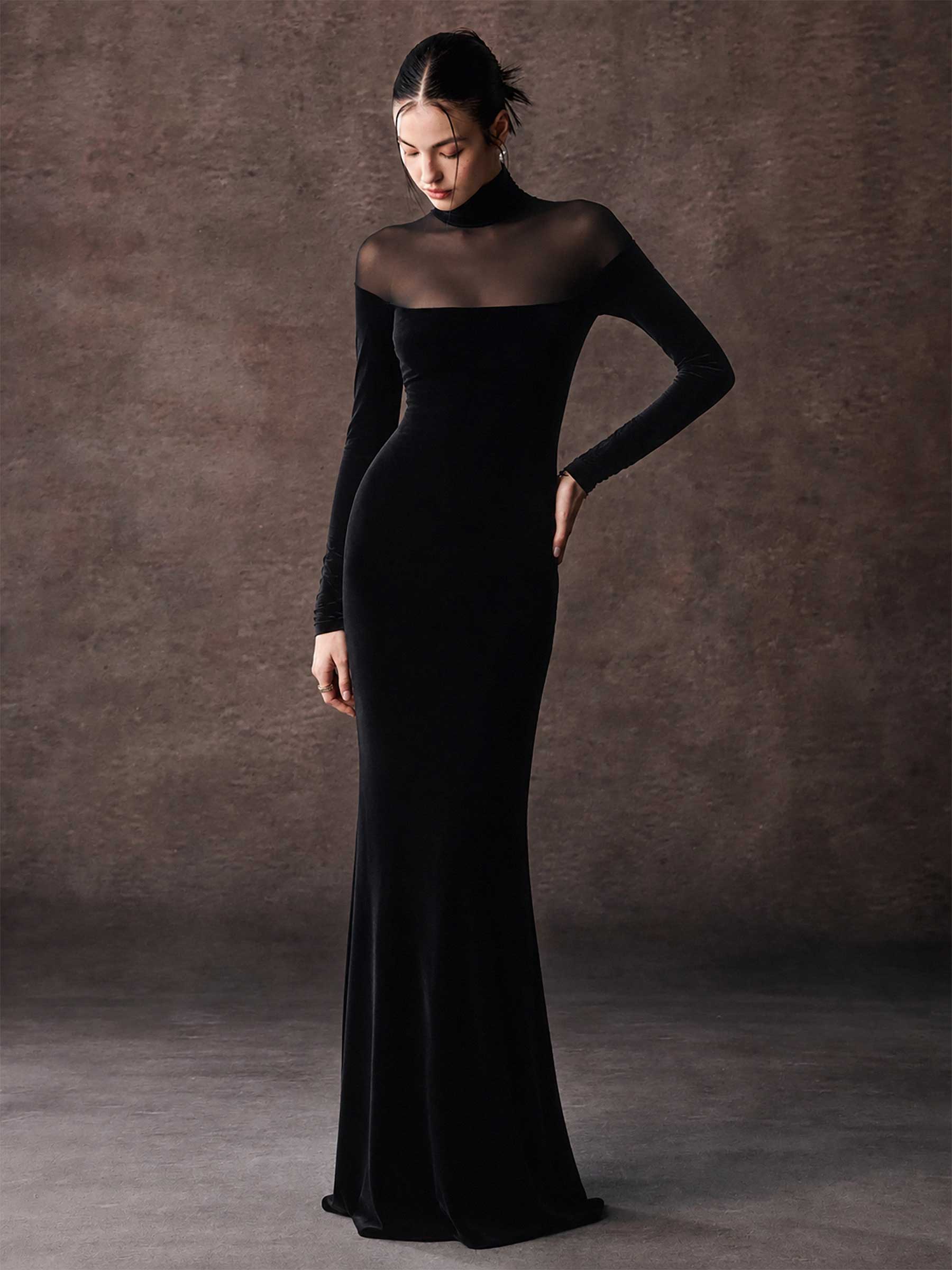 Velvet Mermaid Maxi Dress With Sheer Mesh Panel