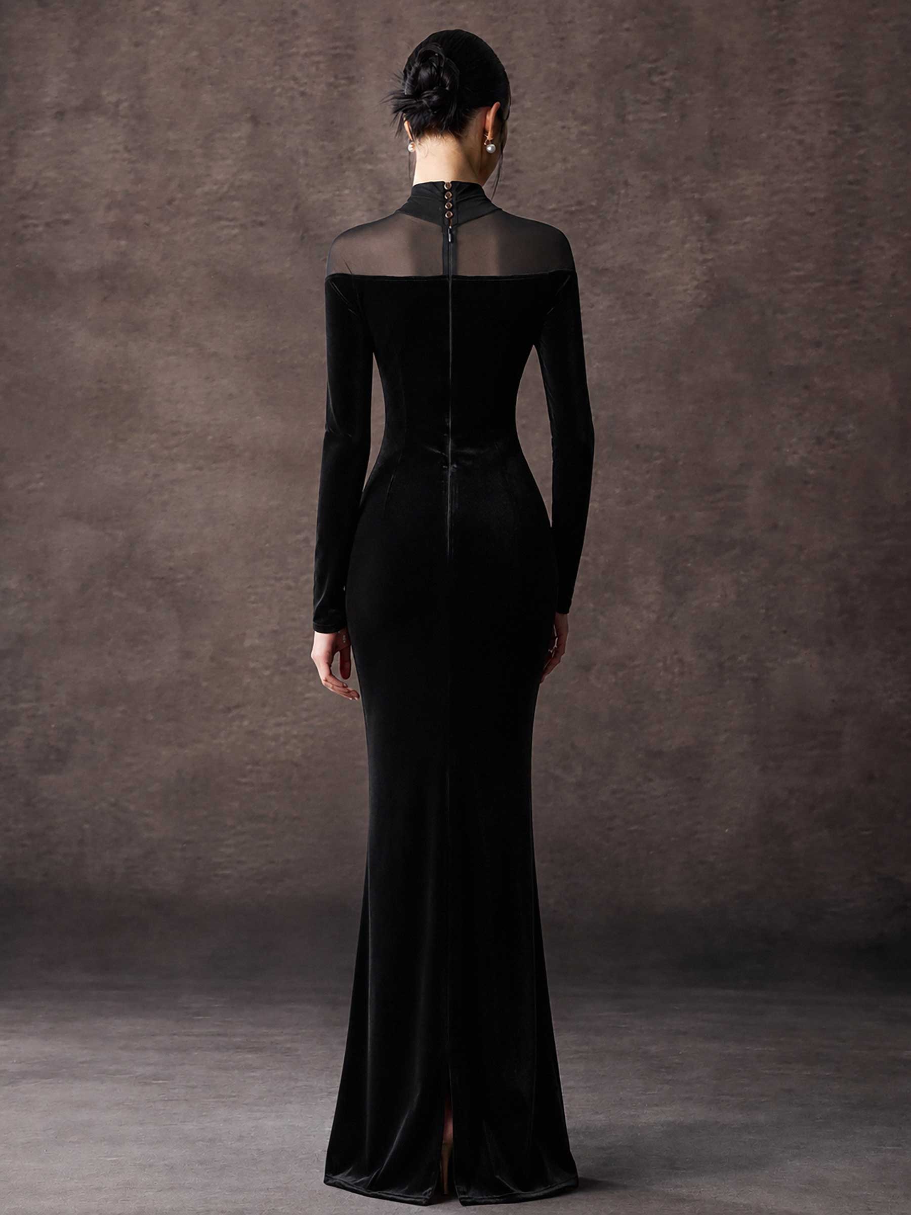 Velvet Mermaid Maxi Dress With Sheer Mesh Panel