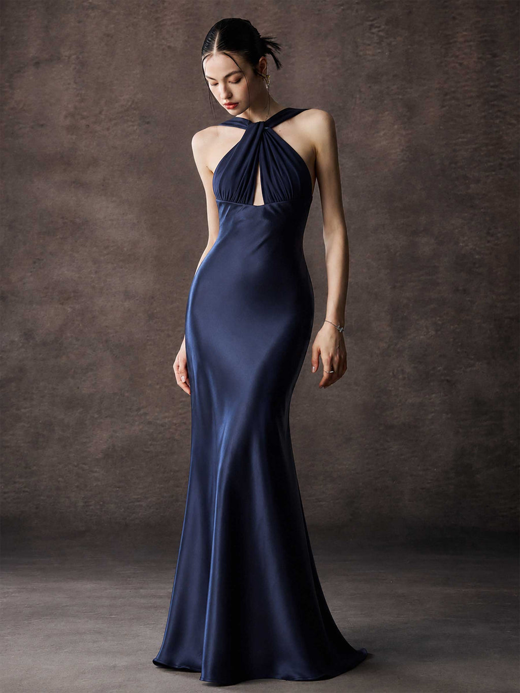 Twist Halter Satin Mermaid Maxi Dress