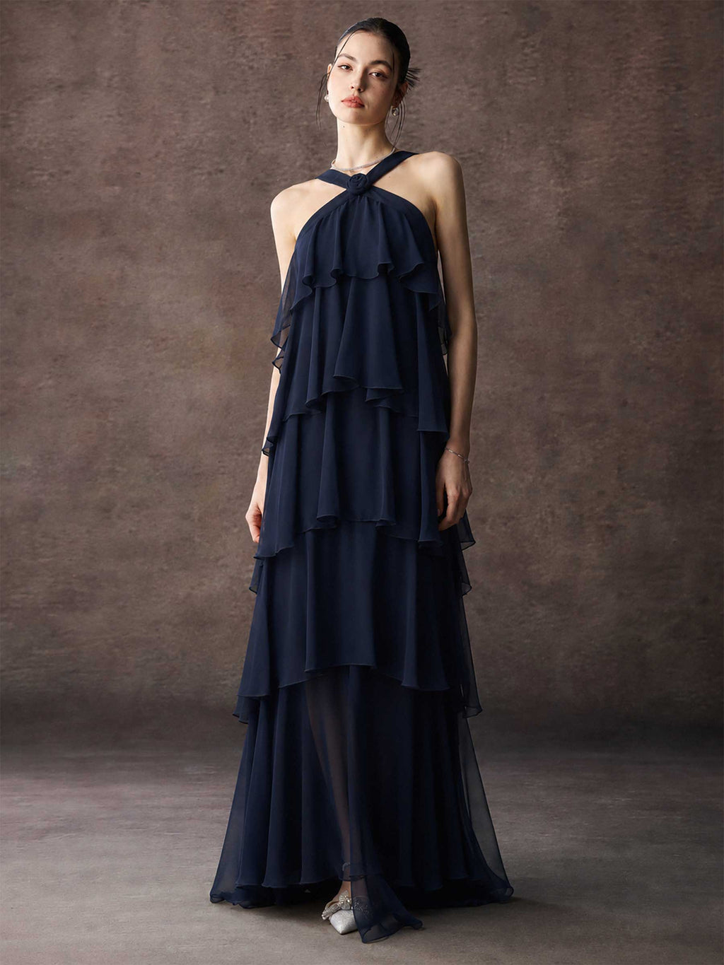 Halter Ruffle Chiffon Maxi Dress