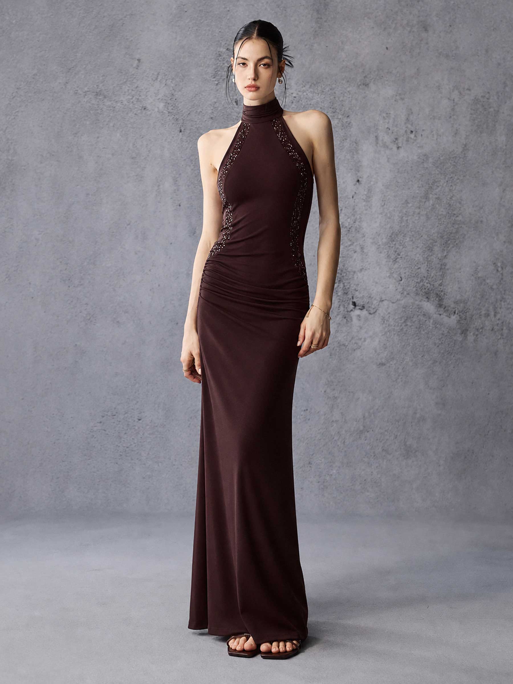 Beaded Trim High Neck Sleeveless Maxi Dress