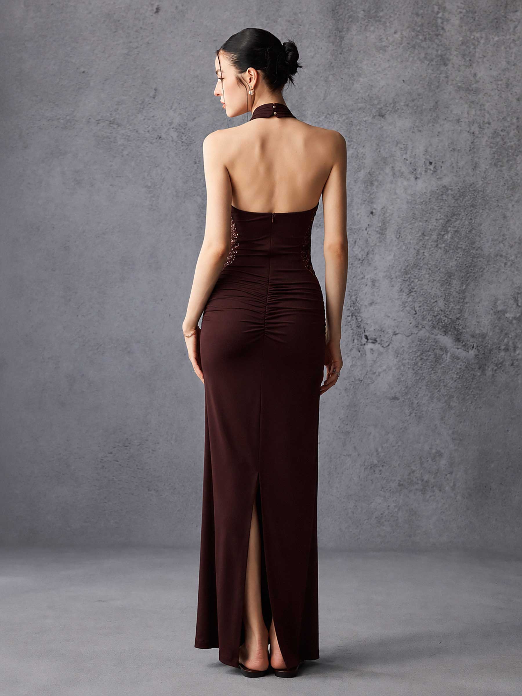 Beaded Trim High Neck Sleeveless Maxi Dress