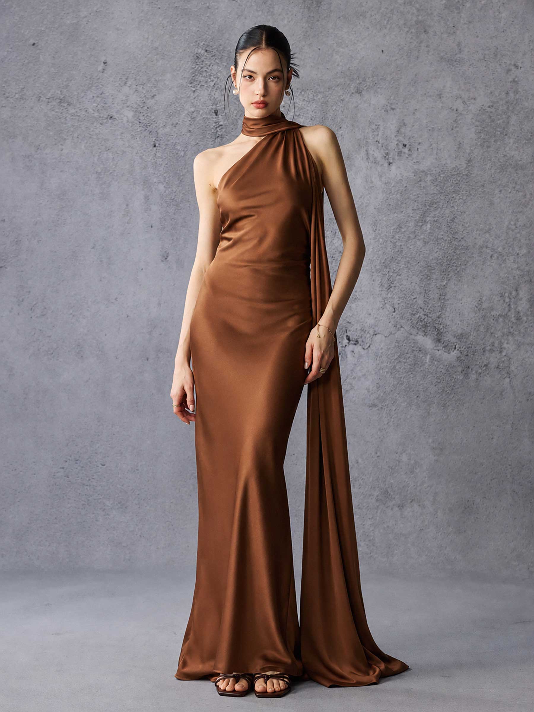 Asymmetric Neck Long Ribbon Satin Maxi Dress