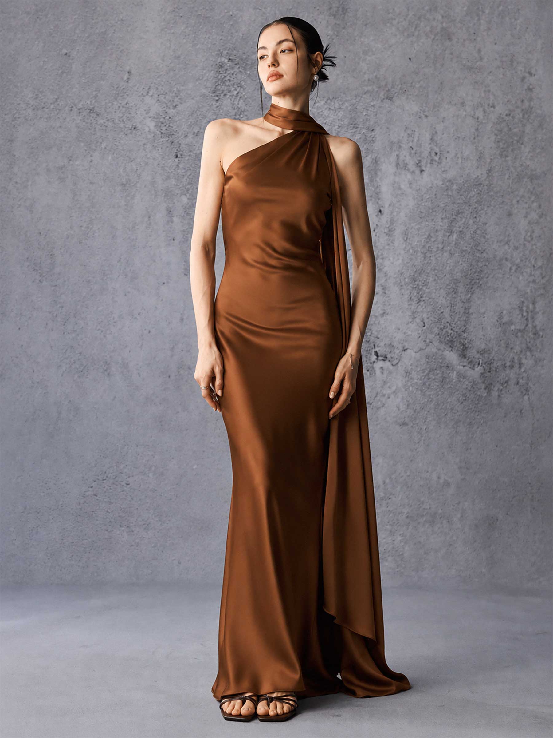 Asymmetric Neck Long Ribbon Satin Maxi Dress – Noir Modern