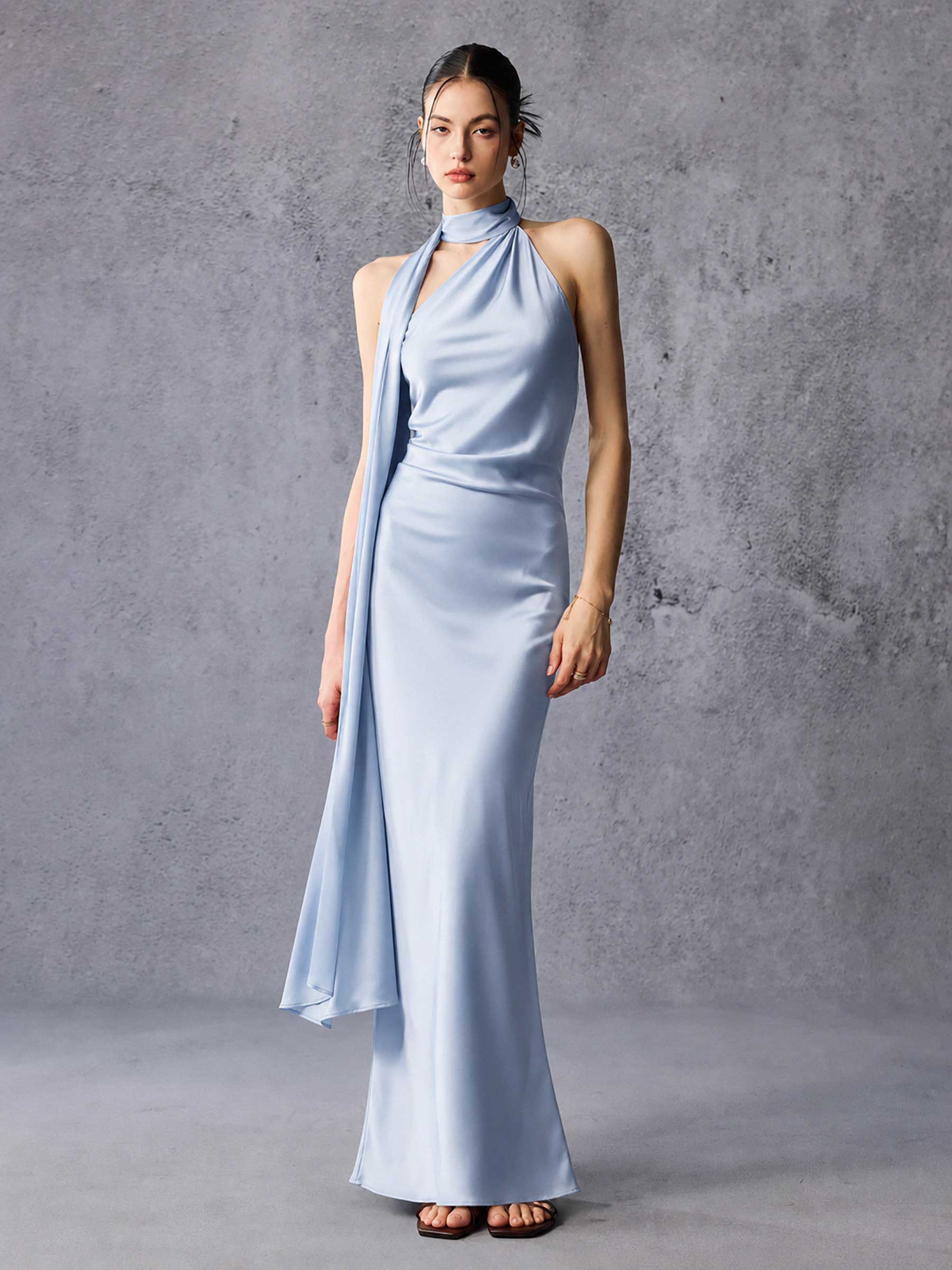 Asymmetric Neck Long Ribbon Satin Maxi Dress