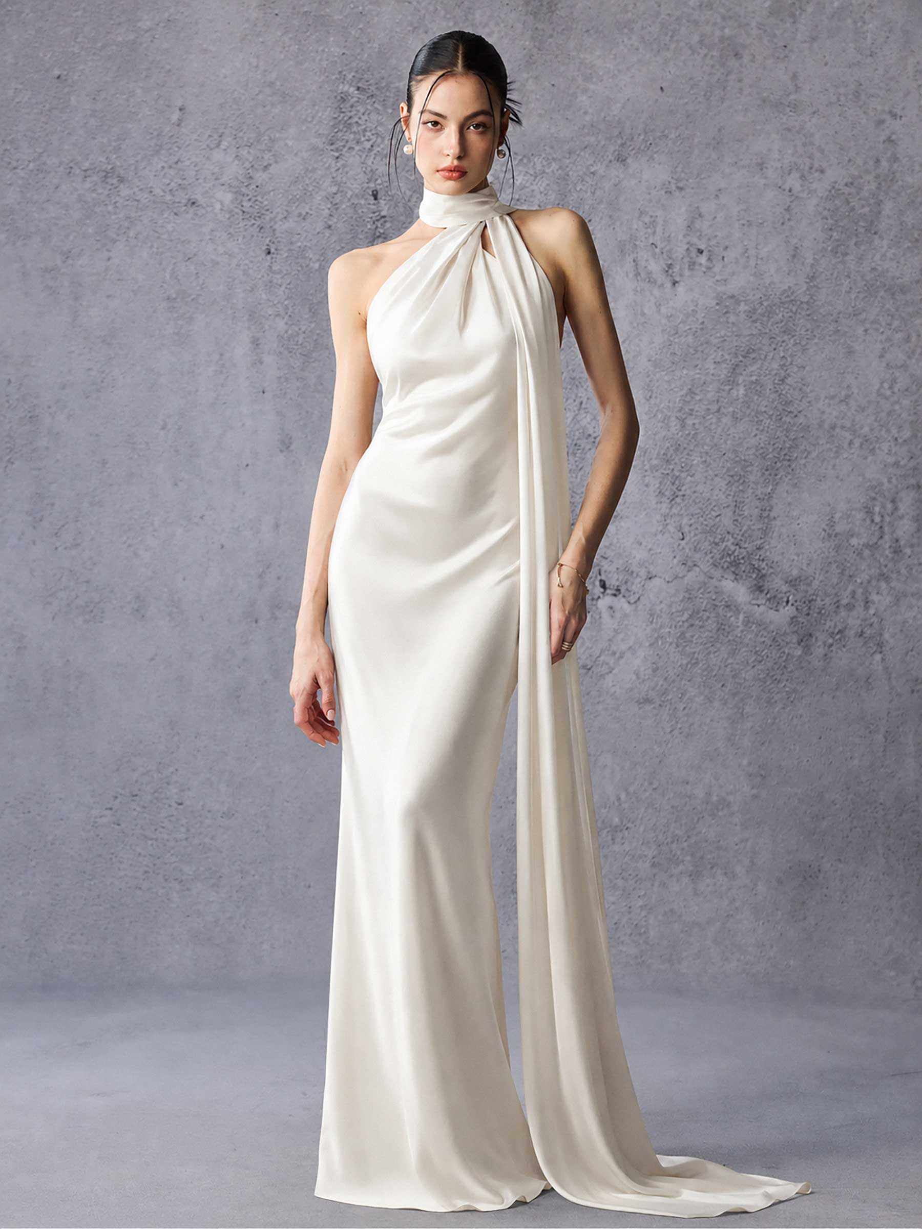 Asymmetric Neck Long Ribbon Satin Maxi Dress