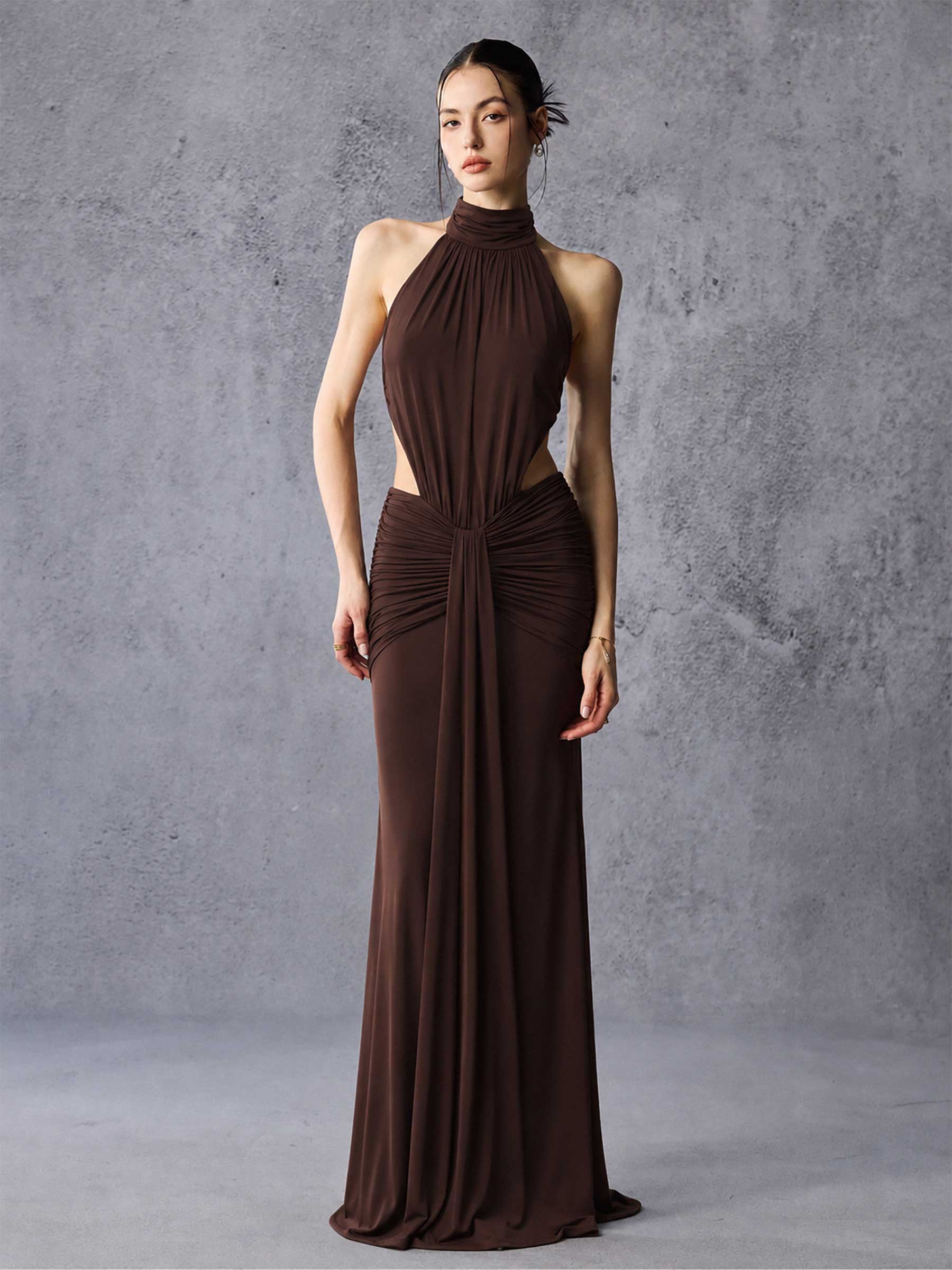 High Neck Side Cutout Draped Stretch Maxi Dress